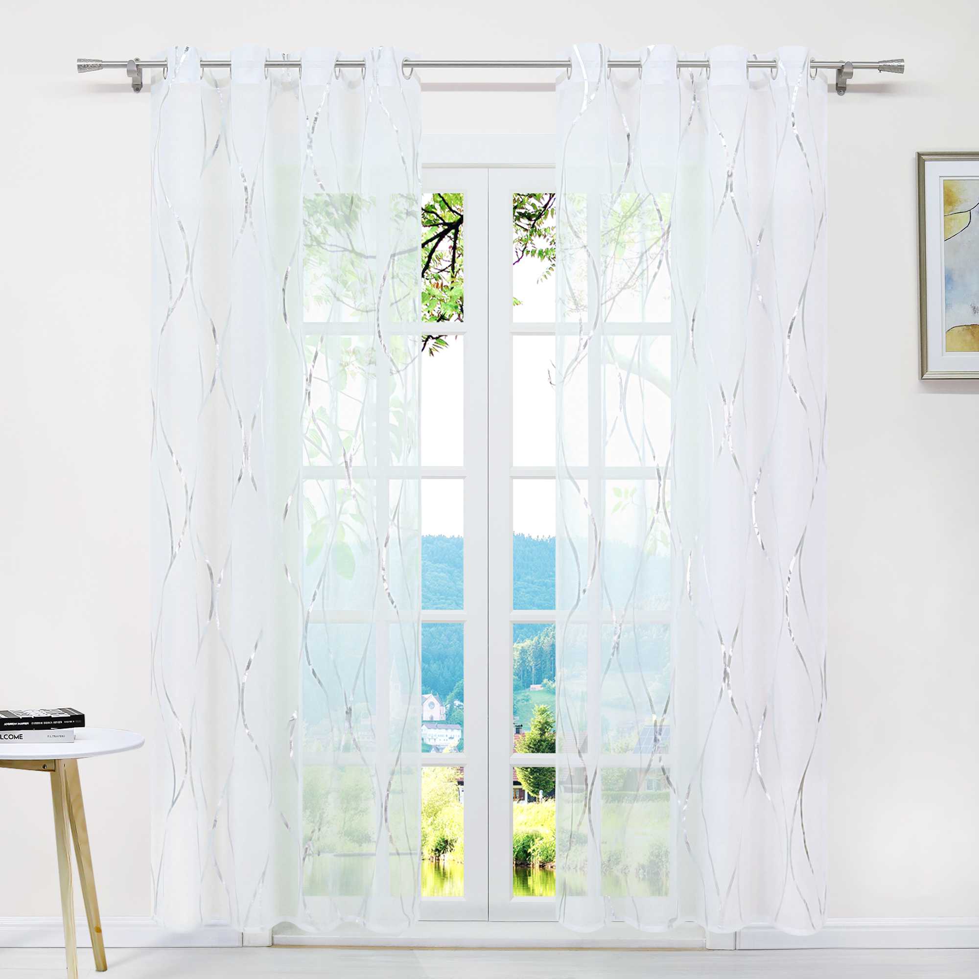 Grommet Curtain with Wave Pattern Light-Filtering - Brown, W x H 140 x 145cm