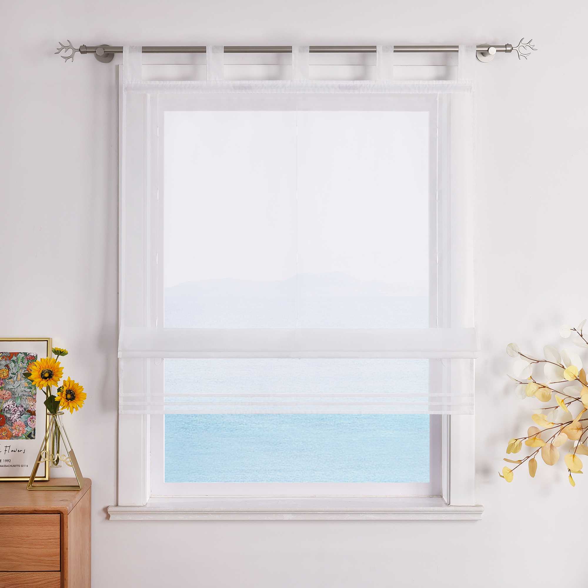 Roman Shade Tab-Top Curtain Solid Color Sheer Voile with Decorative Folds 1 Piece - Sand, H x W 155 x 80cm