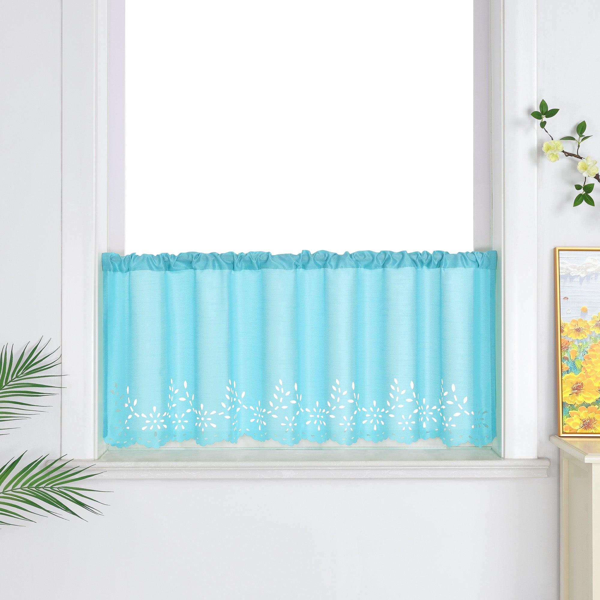 Short Voile Cafe Curtain with Openwork Pattern - Blue, H x W 60 x 120cm
