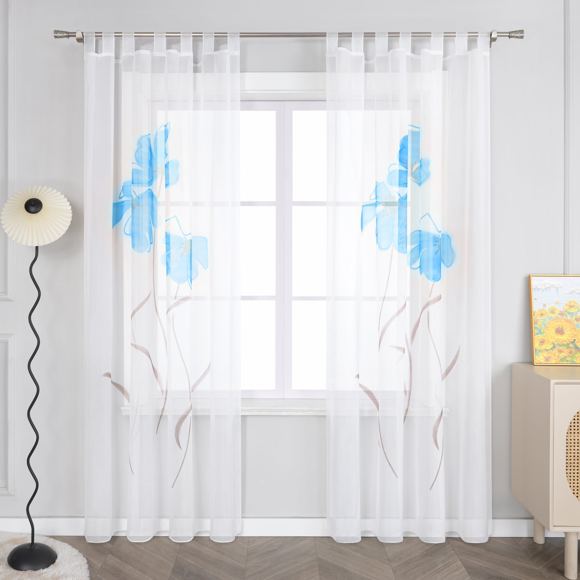 Curtain with Floral Pattern with Tab-Top Hanging 1 Piece - Blue, W x H 150 x 175cm