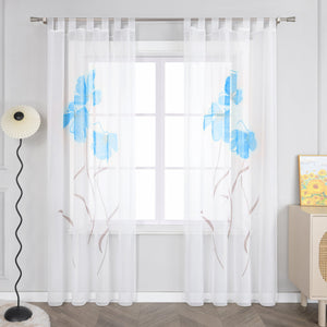 Curtain with Floral Pattern with Tab-Top Hanging 1 Piece - Blue, W x H 150 x 175cm