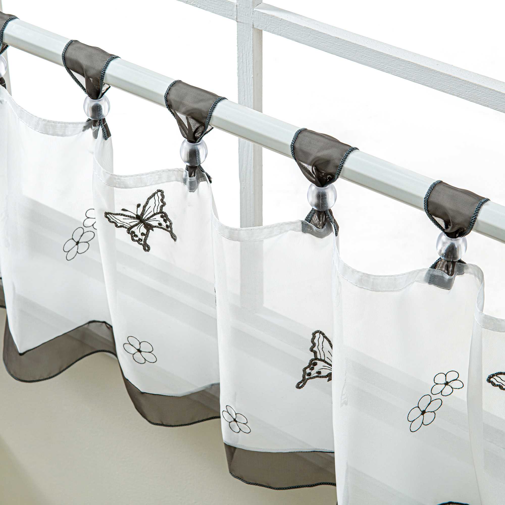 Cafe Curtain with Butterfly Pattern and Beads 1 Piece - Gray, H x W 45 x 90cm