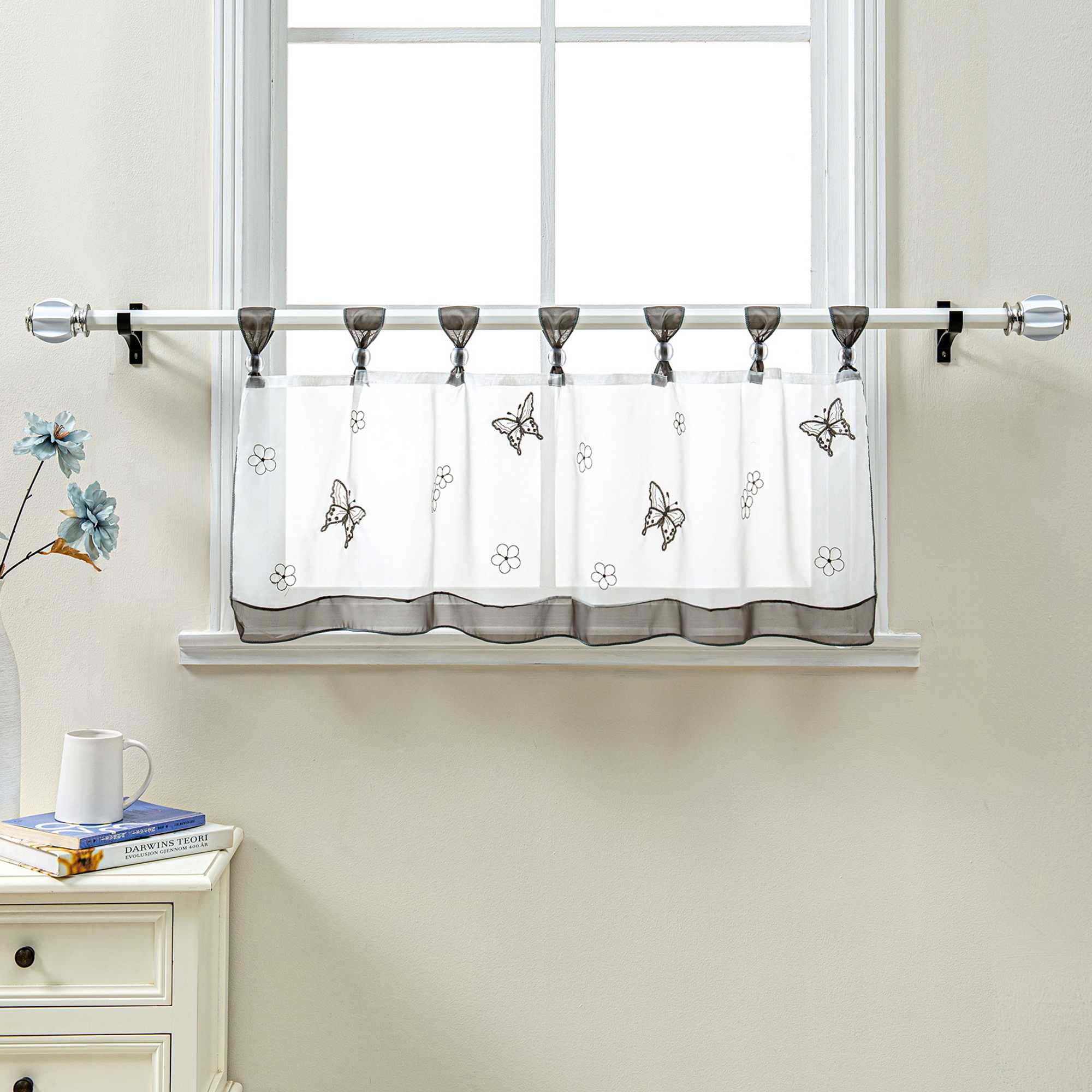 Cafe Curtain with Butterfly Pattern and Beads 1 Piece - Gray, H x W 30 x 90cm