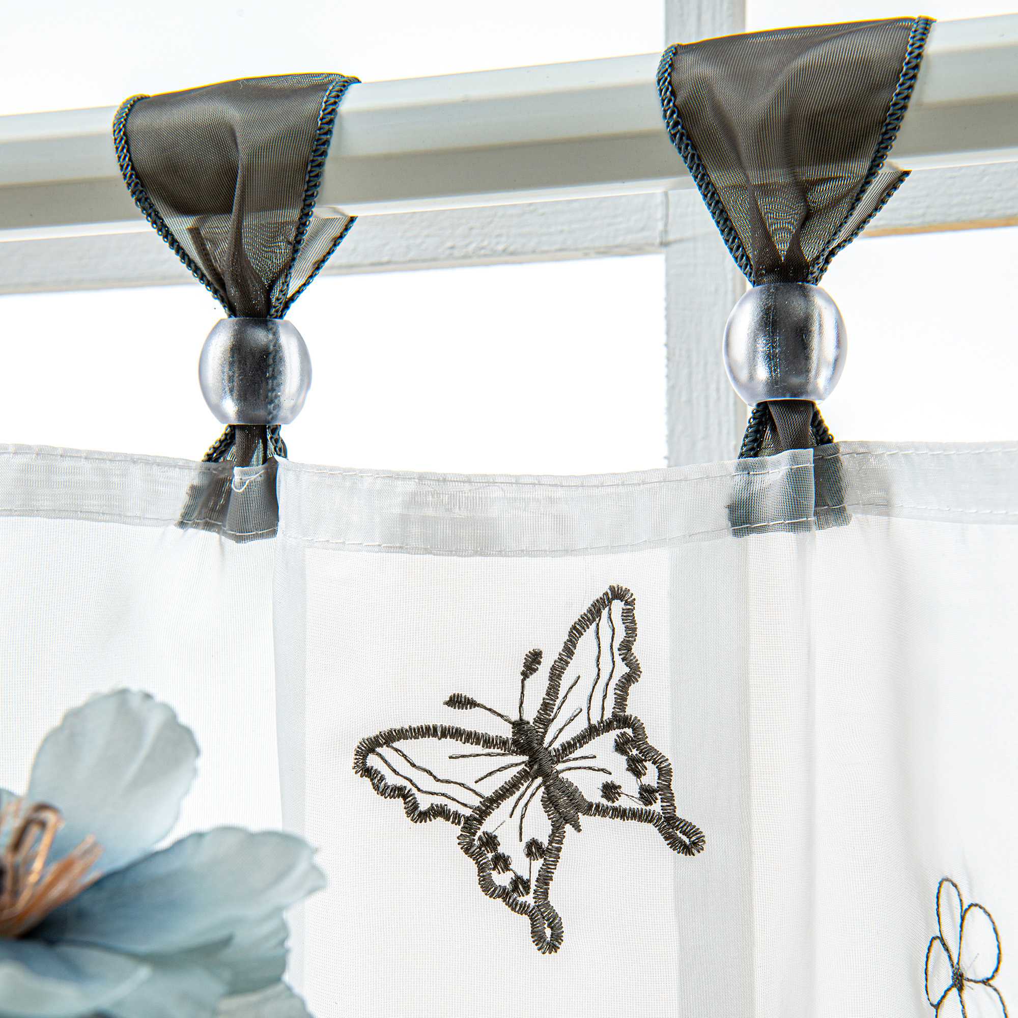 Cafe Curtain with Butterfly Pattern and Beads 1 Piece - Gray, H x W 60 x 120cm