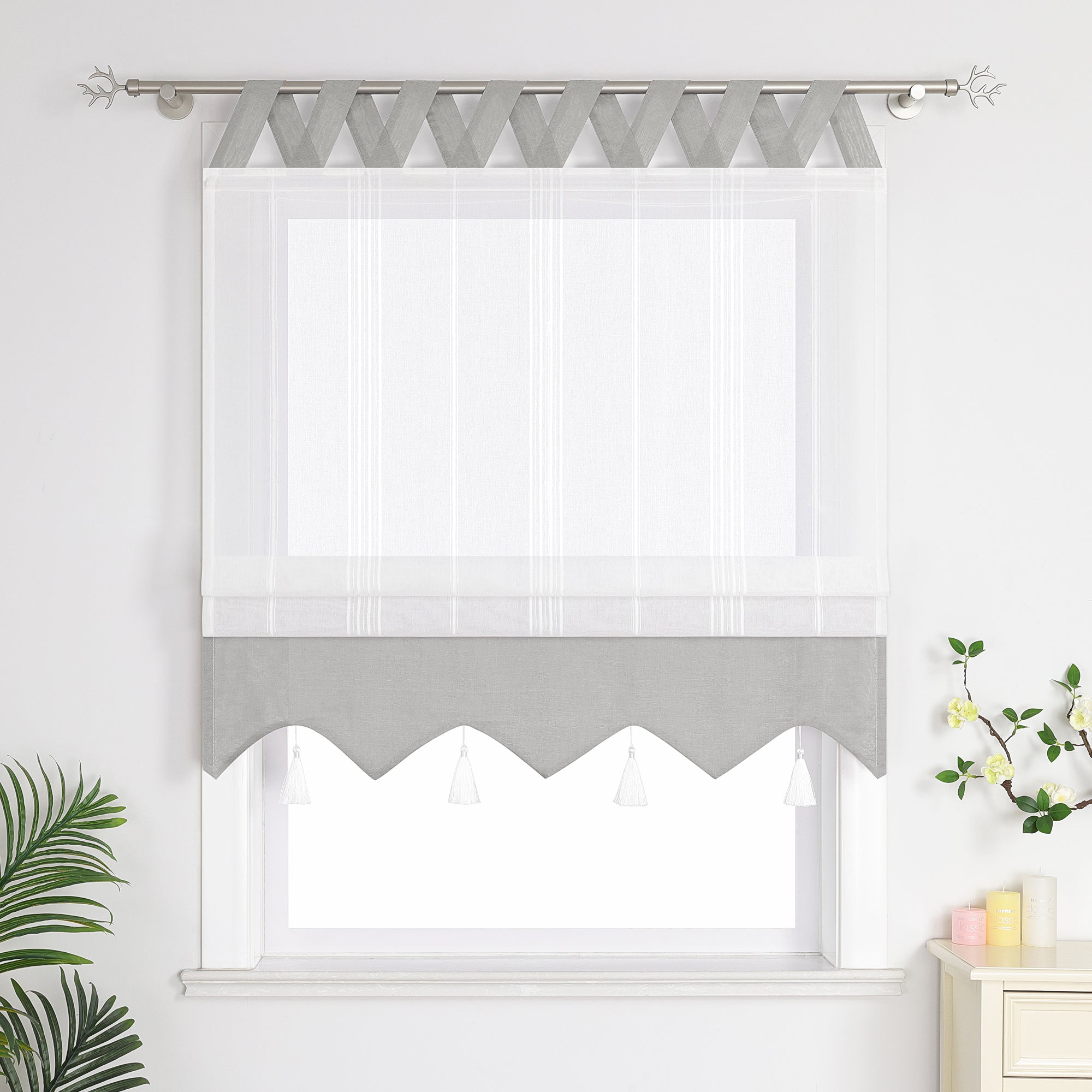 Delien Roman Shade with Tab-Top Hanging and Tassels - Blue, W x H 80 x 140cm