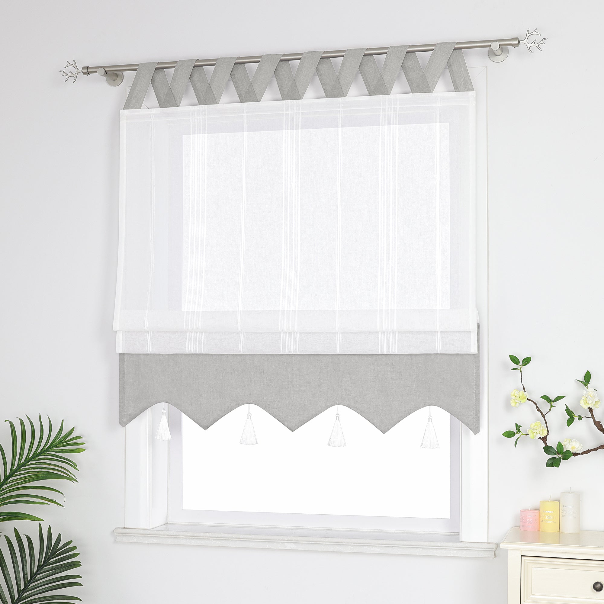 Delien Roman Shade with Tab-Top Hanging and Tassels - Blue, W x H 100 x 140cm