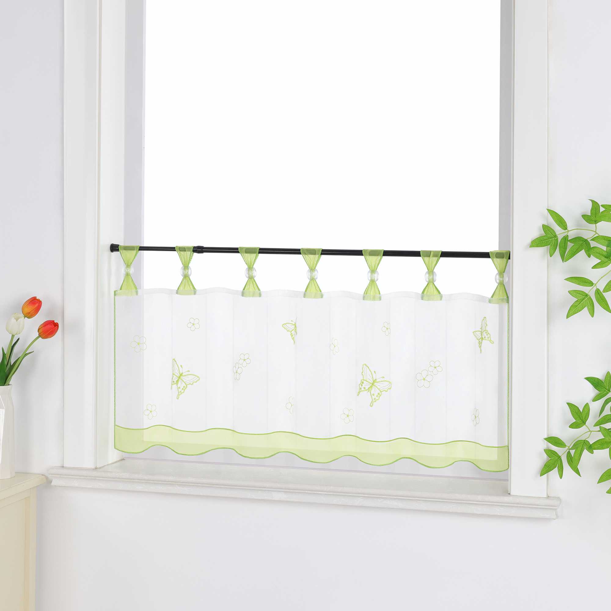 Cafe Curtain with Butterfly Pattern and Beads 1 Piece - Sand, H x W 30 x 120cm