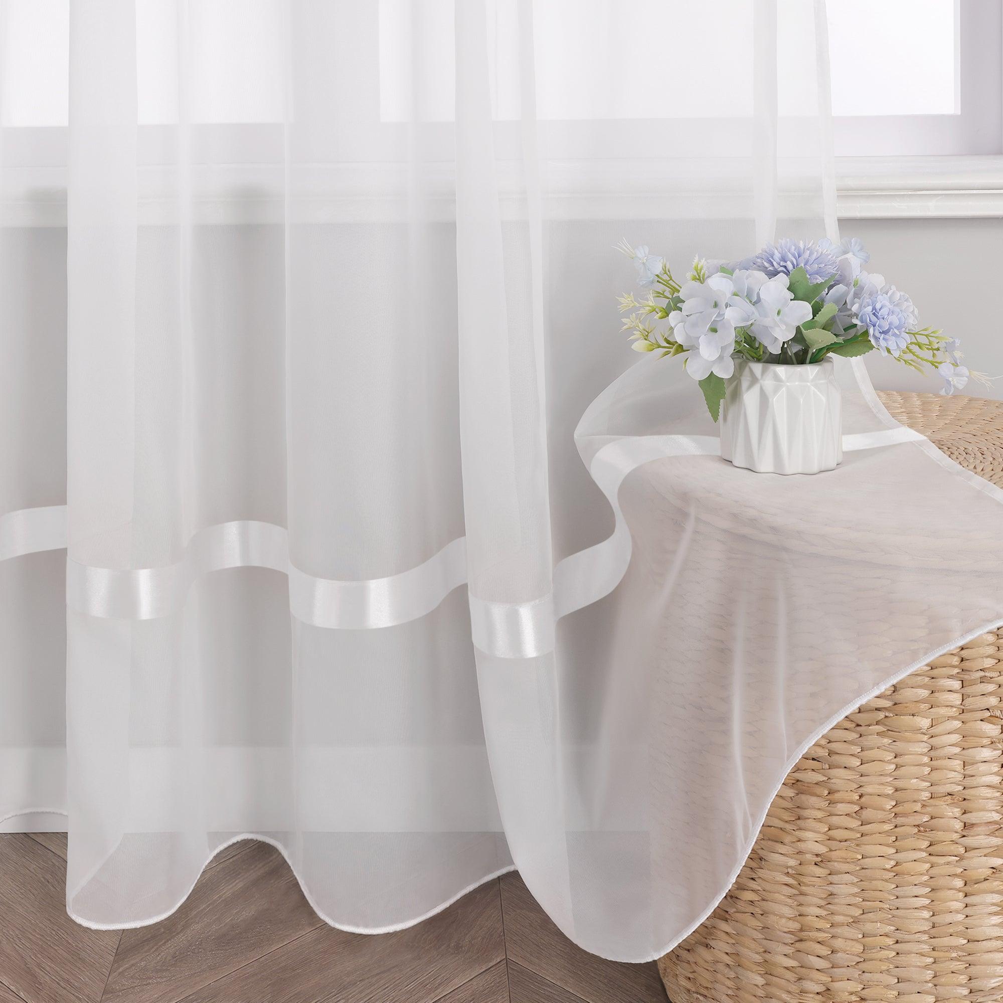 Curtain with Silk-Look Ribbon Solid Color Voile 1 Piece - White, Grommet Panel