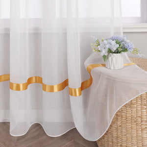 Curtain with Silk-Look Ribbon Solid Color Voile 1 Piece - White, Grommet Panel