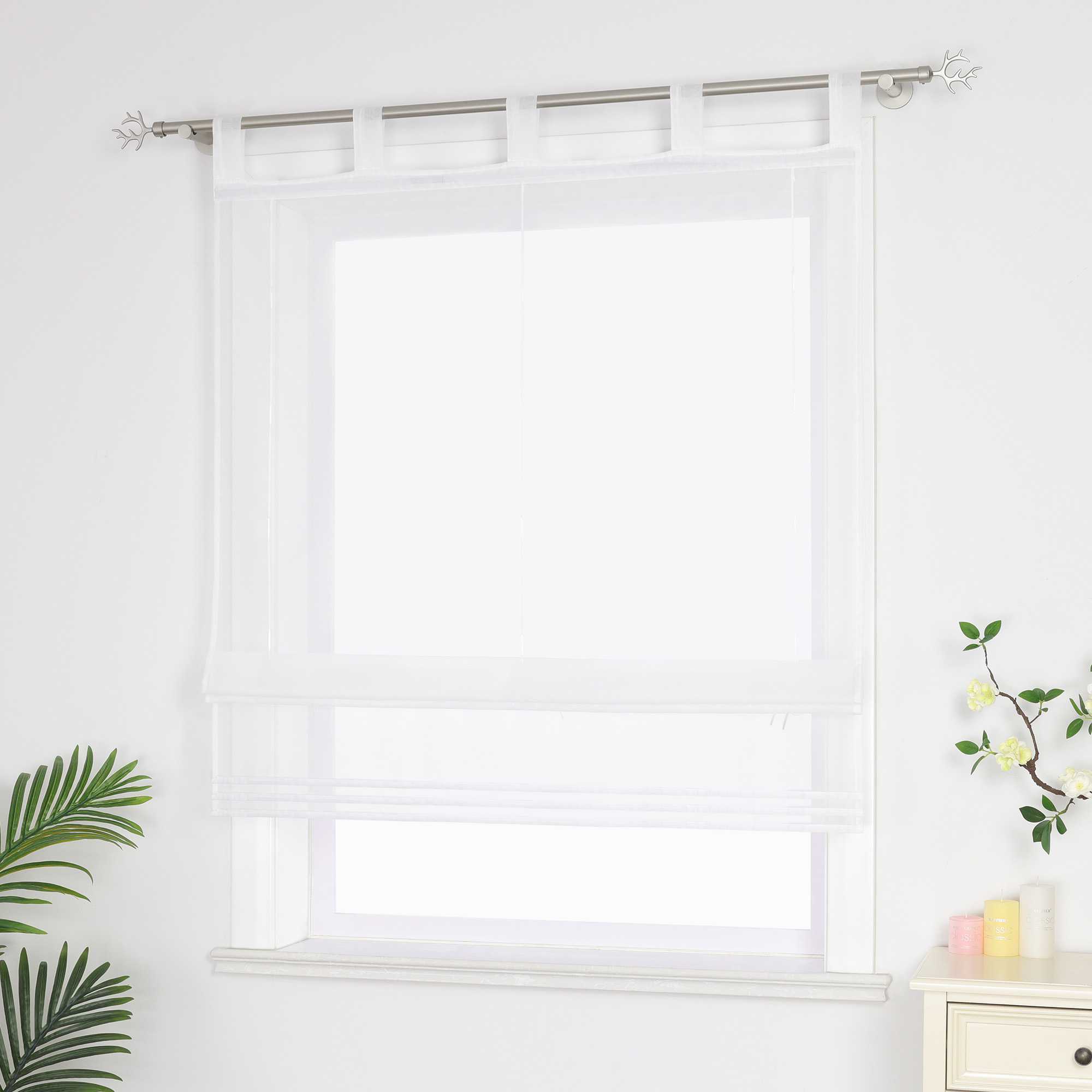 Roman Shade Solid Color Semi-Sheer Minimalist 1 Piece - White, Tab-Top Curtain