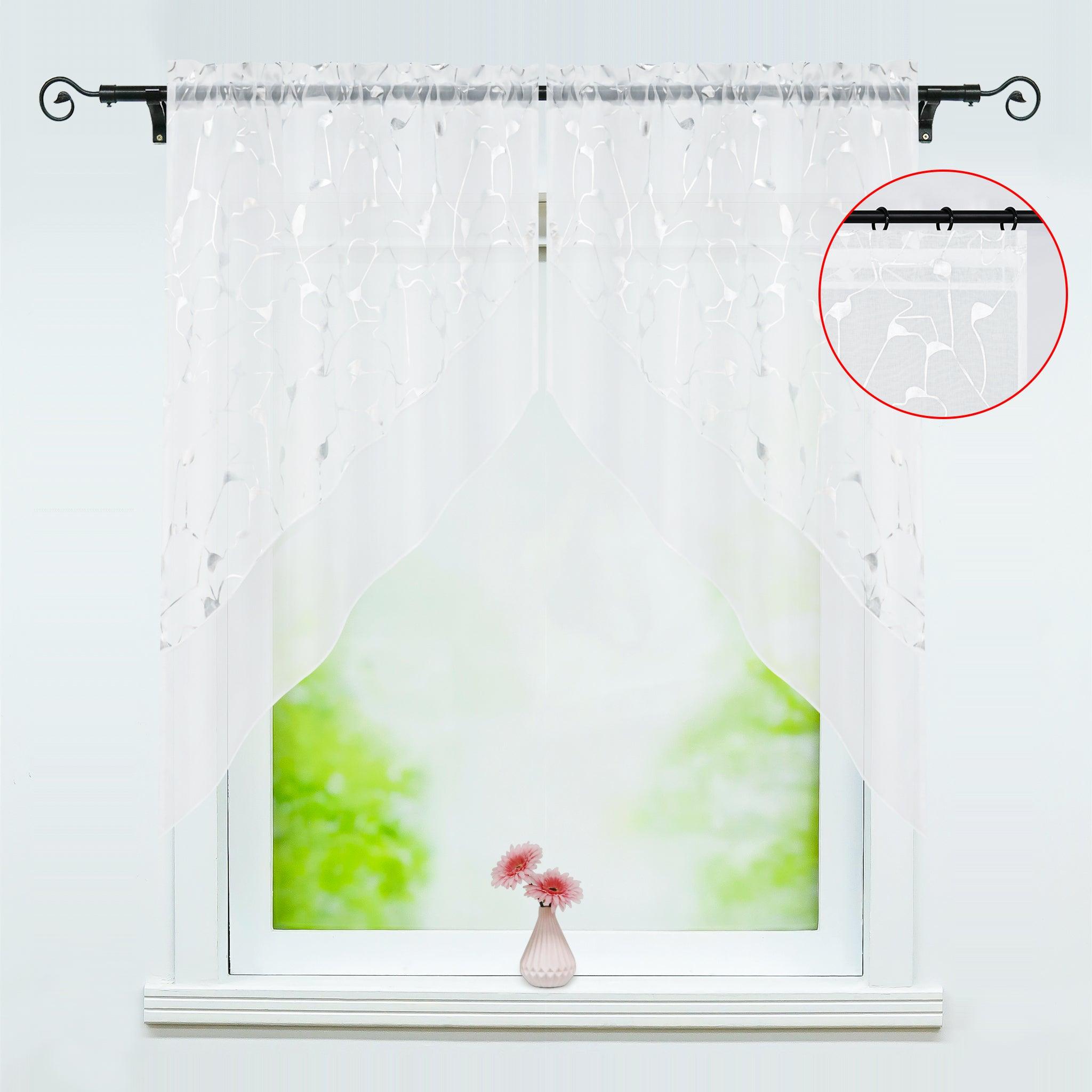 Cafe Curtain Double-Layer with Silver Textured Print Set of 2 - White, W x H 71 x 91cm