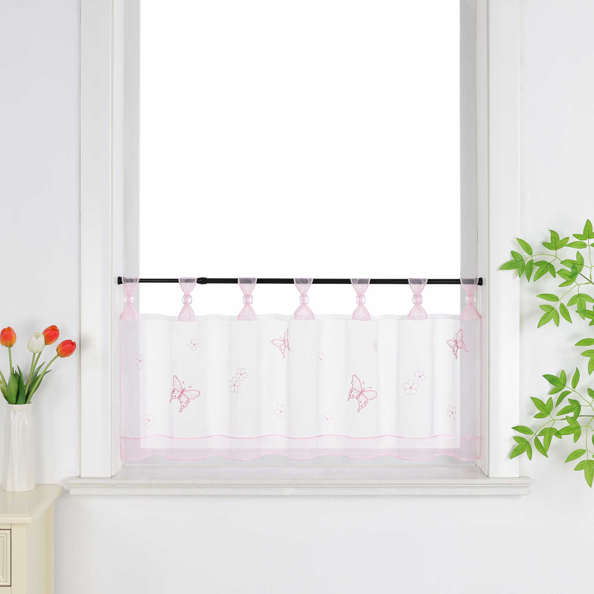Cafe Curtain with Butterfly Pattern and Beads 1 Piece - Pink, H x W 30 x 90cm