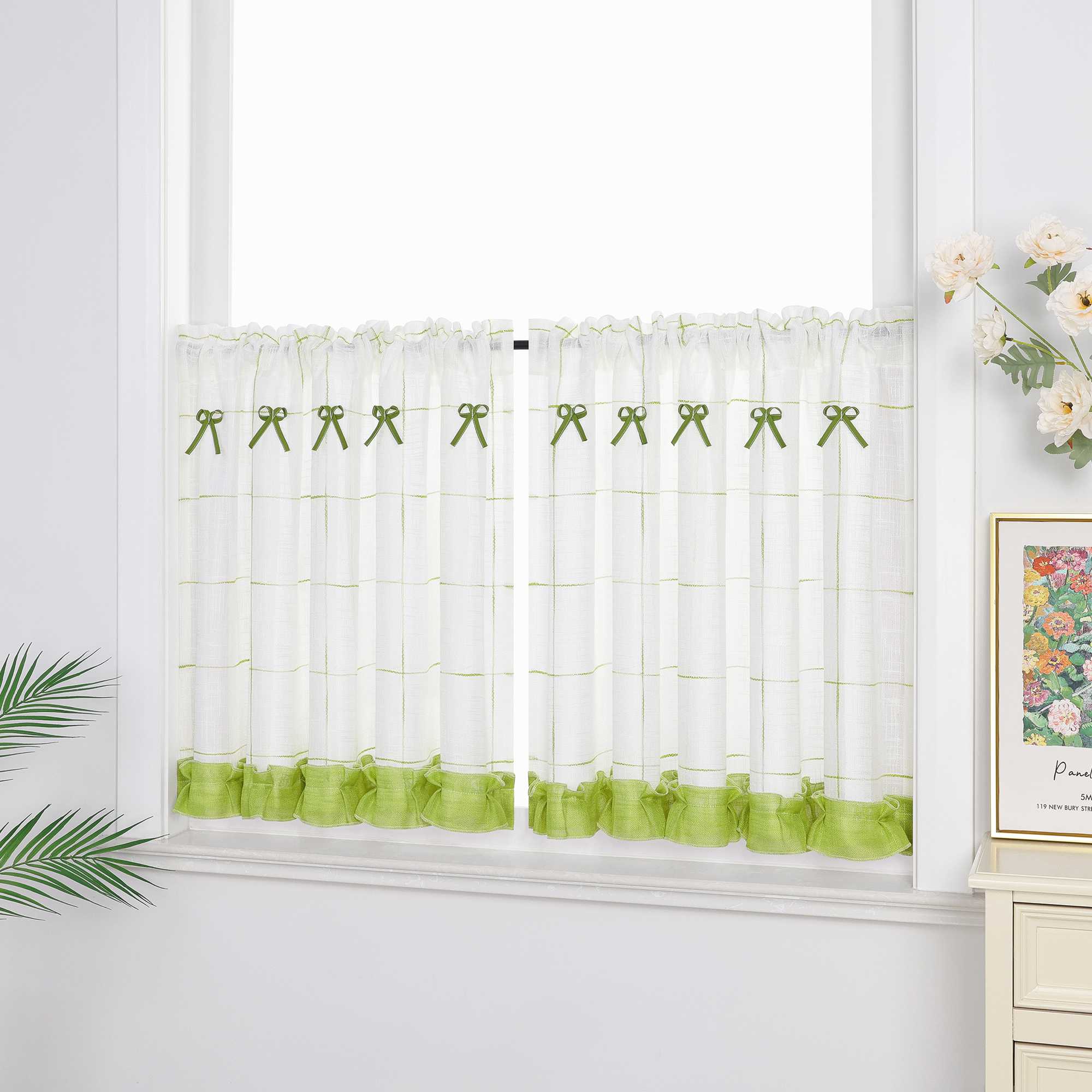 Cafe Curtain in Country Style in Linen-Look Fabric with Bows 1 Piece - Green, W x H 90 x 45cm