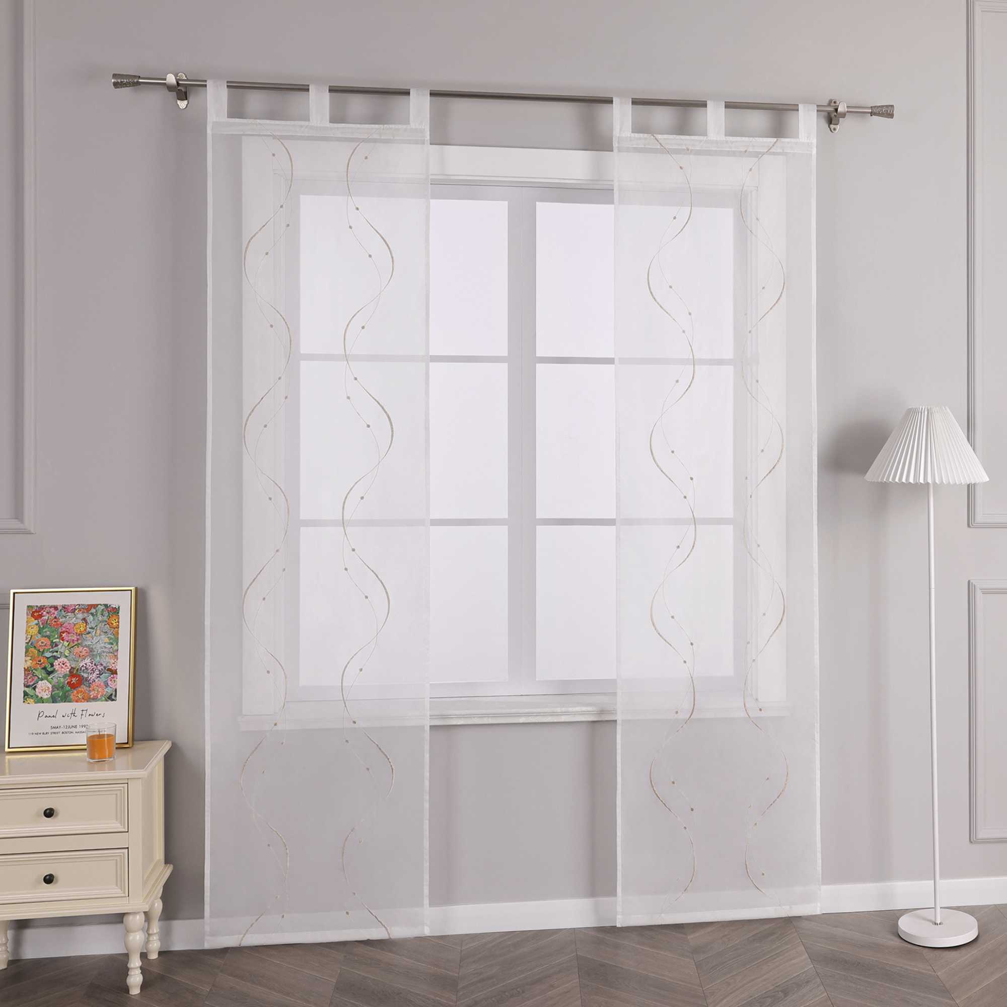 Sliding Panel Curtains with Tab-Top Hanging Set of 2 with Wave-and-Bead Pattern Embroidery