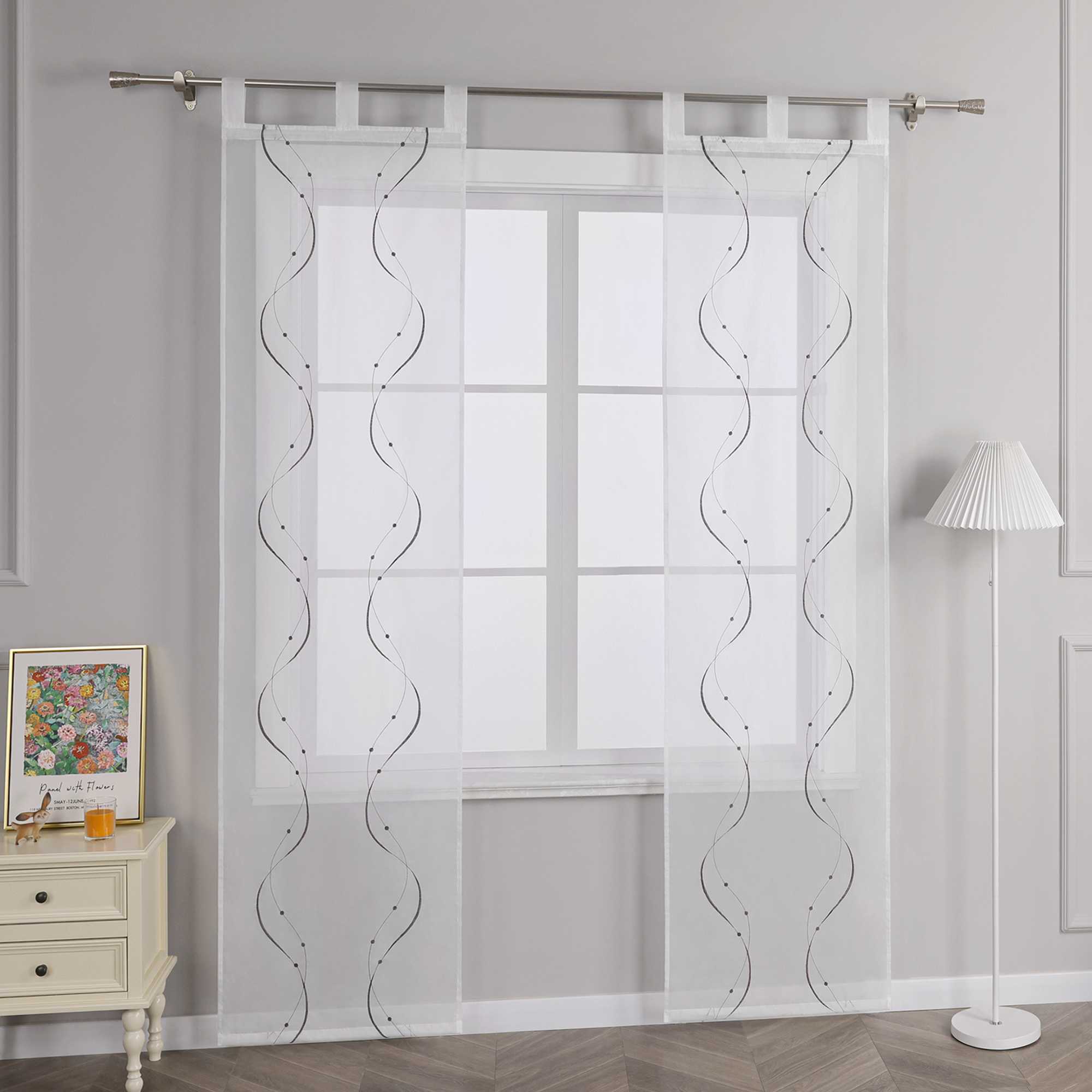 Sliding Panel Curtains with Tab-Top Hanging Set of 2 with Wave-and-Bead Pattern Embroidery - Sand, H x W 145 x 57cm