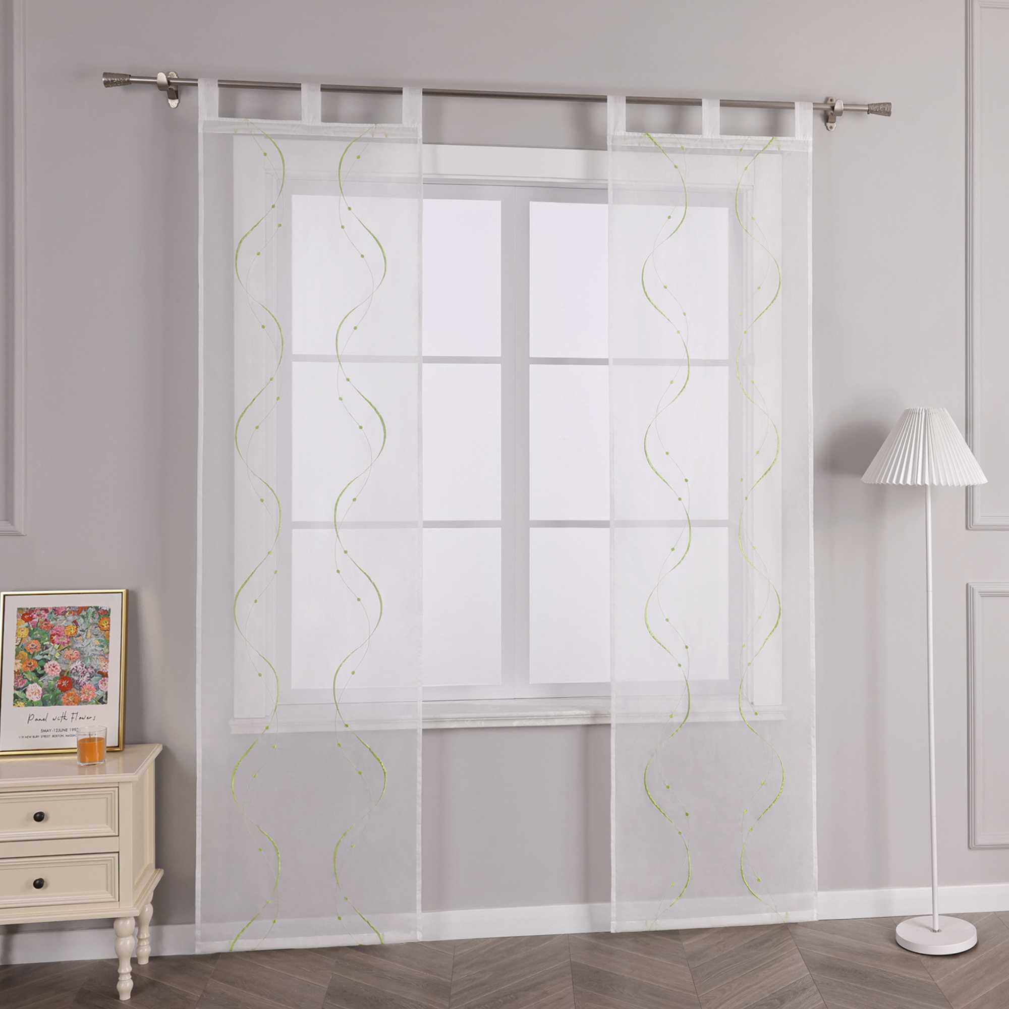 Sliding Panel Curtains with Tab-Top Hanging Set of 2 with Wave-and-Bead Pattern Embroidery