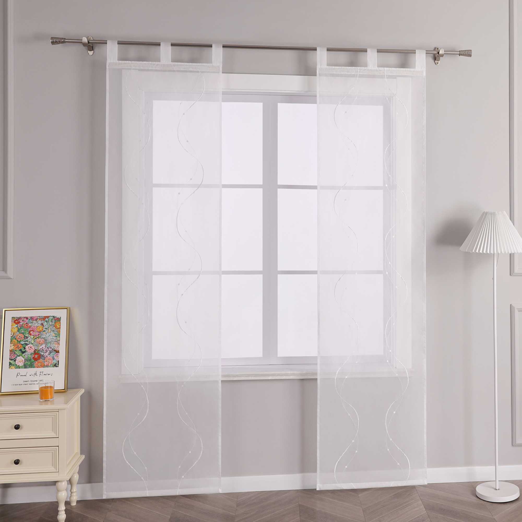 Sliding Panel Curtains with Tab-Top Hanging Set of 2 with Wave-and-Bead Pattern Embroidery - Gray, H x W 175 x 57cm