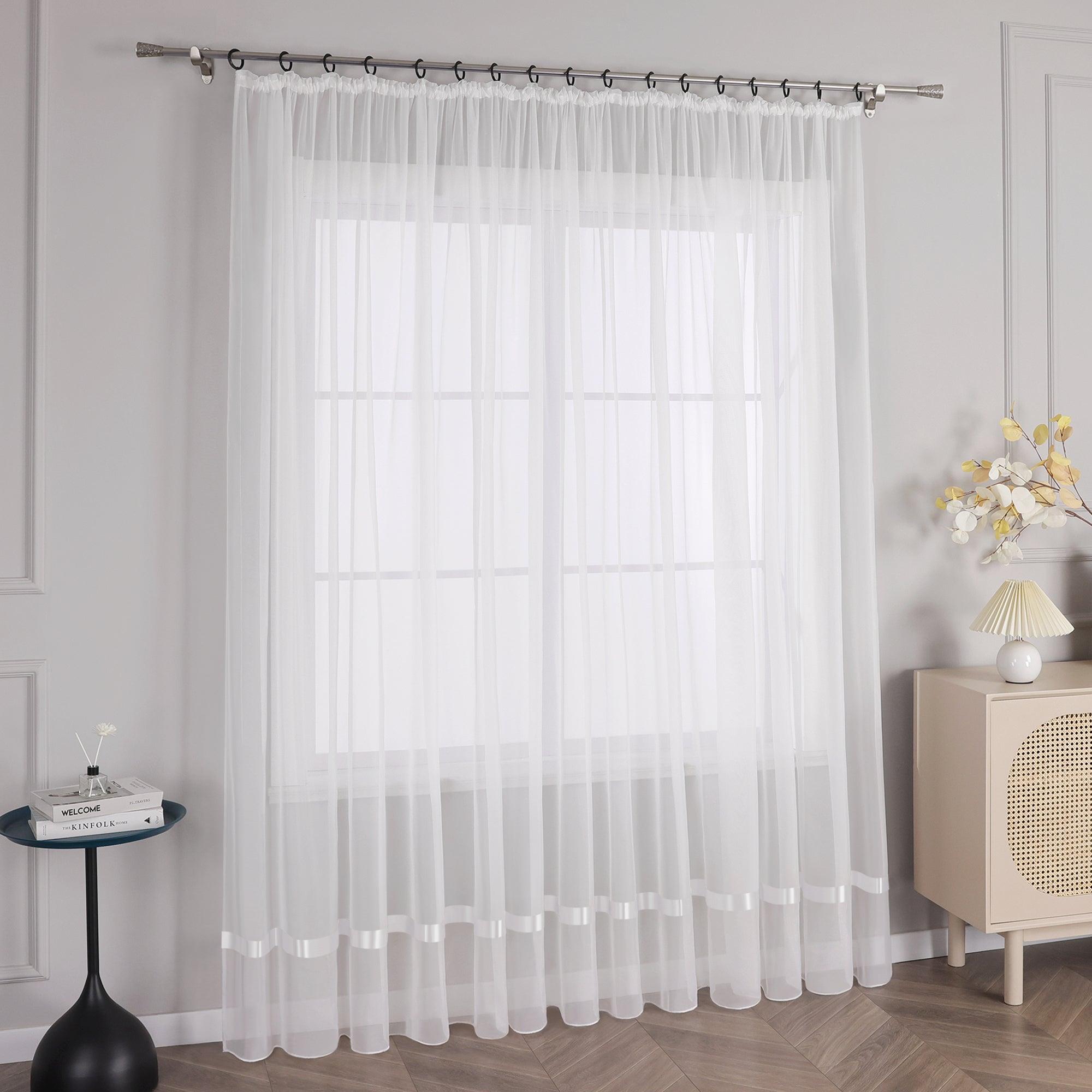 Curtain with Silk-Look Ribbon Solid Color Voile 1 Piece - White, Curtain-Tape Panel