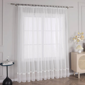 Curtain with Silk-Look Ribbon Solid Color Voile 1 Piece - White, Curtain-Tape Panel