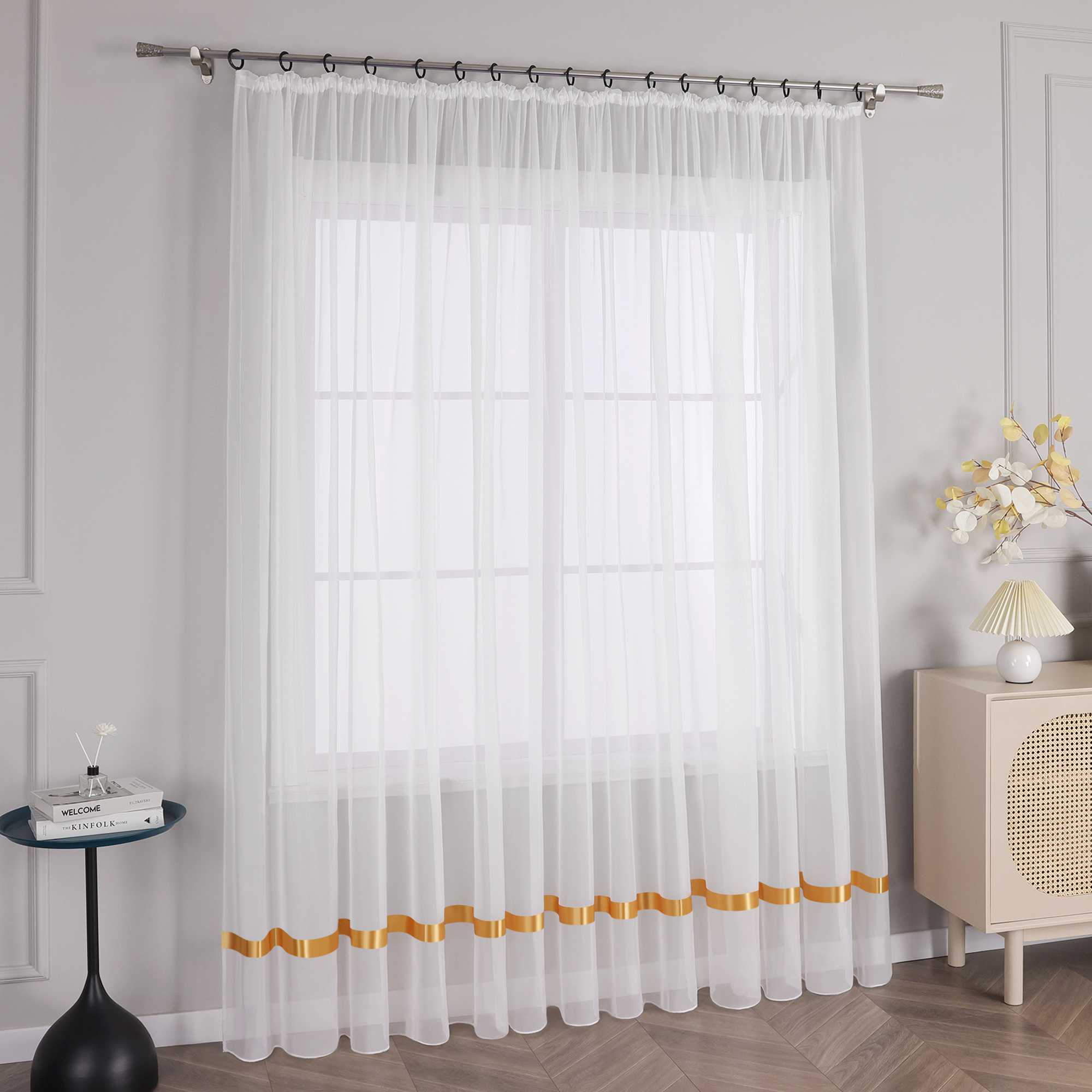 Curtain with Silk-Look Ribbon Solid Color Voile 1 Piece - White, Grommet Panel