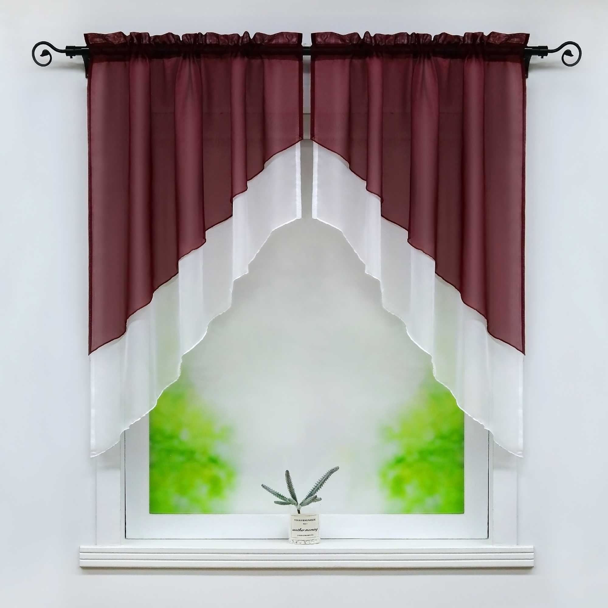 Two-Tone Cafe Curtain with Valances - Set of 2 - Green, W x H 120 x 125cm