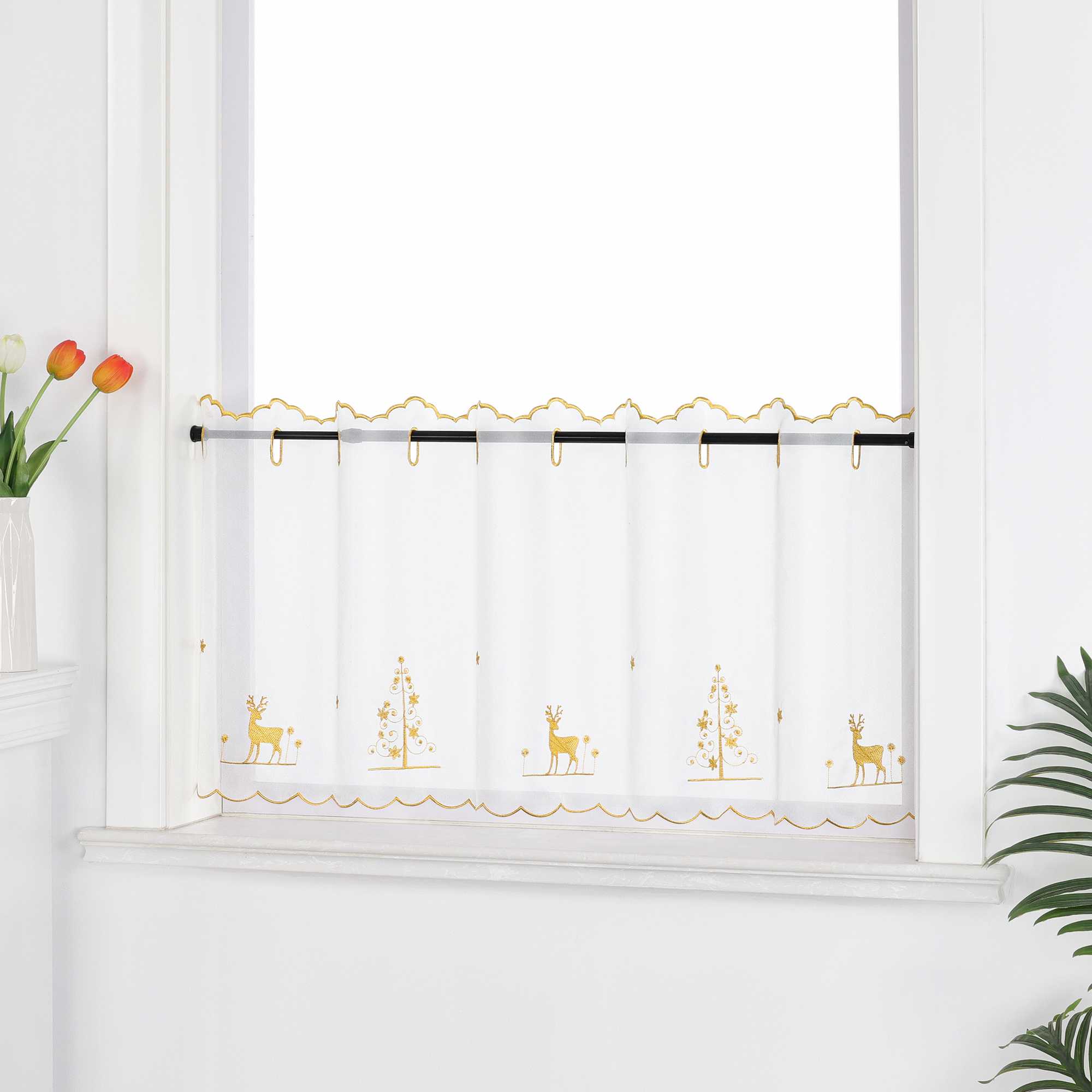 Christmas Cafe Curtain with Deer & Christmas Tree - Red, H x W 30 x 120cm