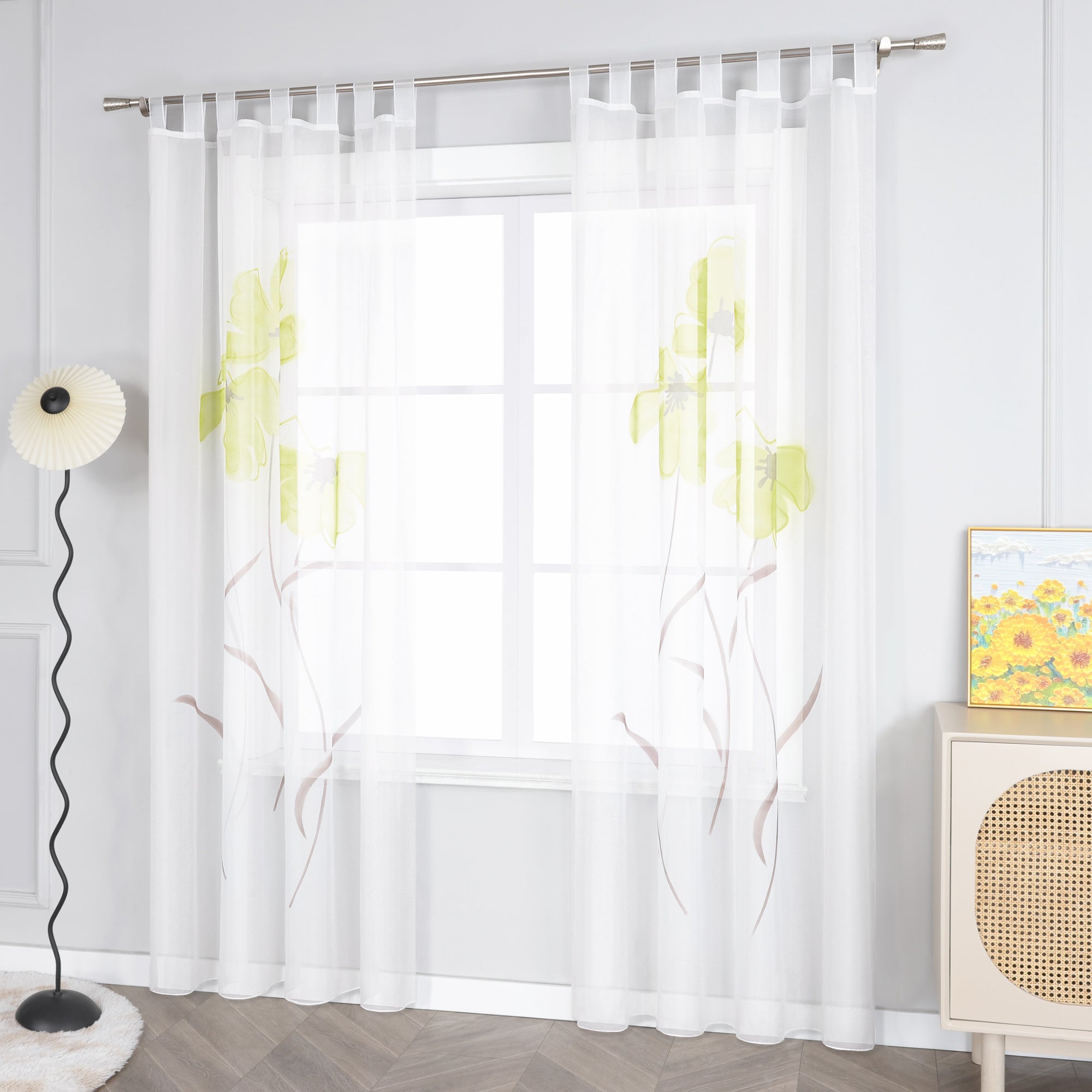 Curtain with Floral Pattern with Tab-Top Hanging 1 Piece - Green, W x H 150 x 225cm