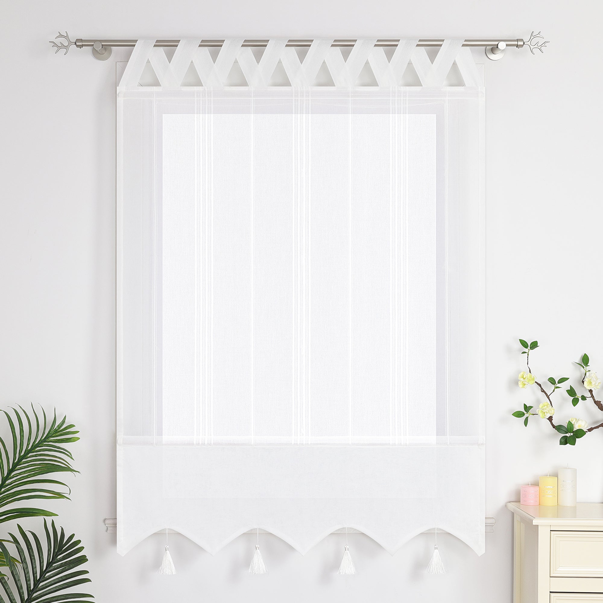Delien Roman Shade with Tab-Top Hanging and Tassels - White, W x H 80 x 140cm