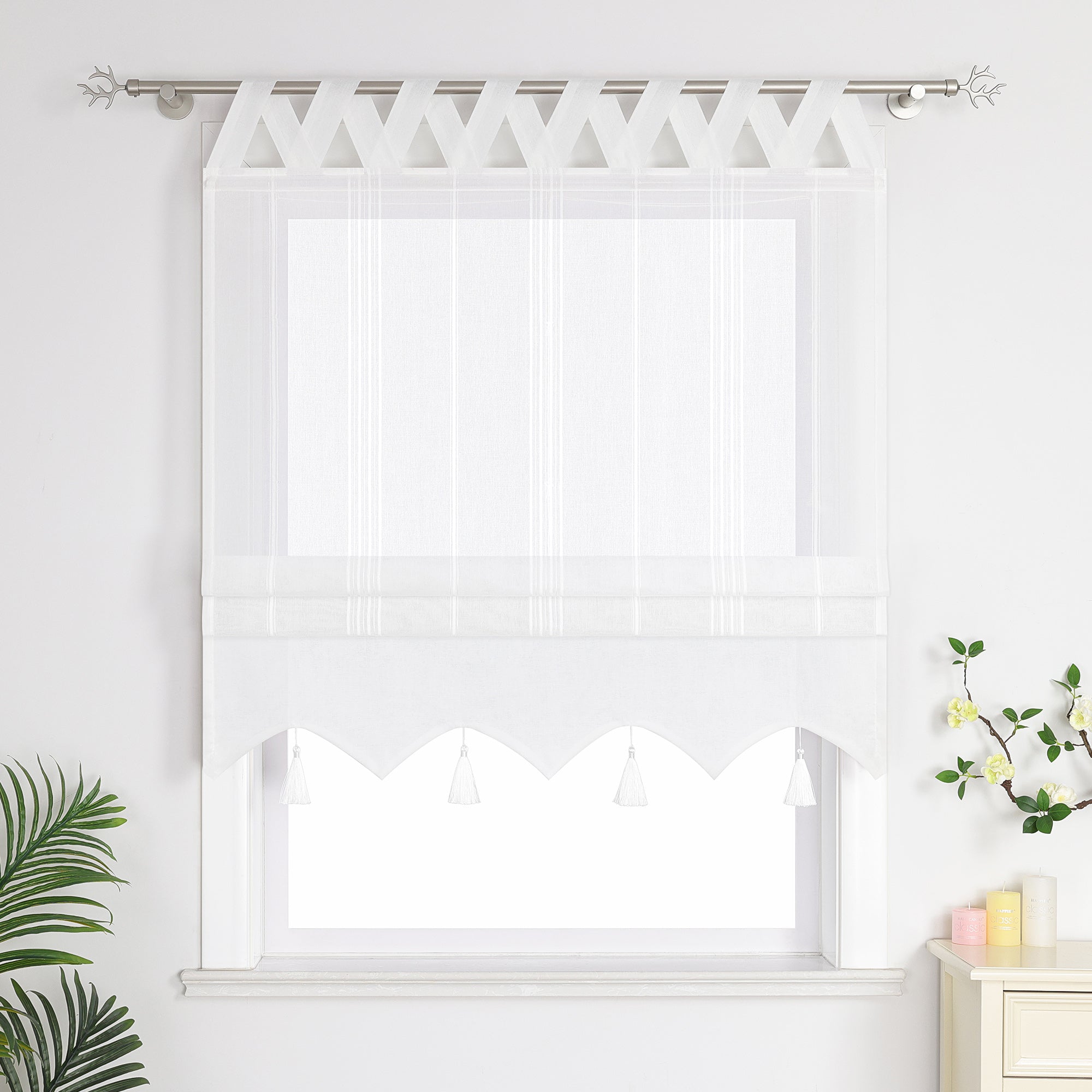 Delien Roman Shade with Tab-Top Hanging and Tassels - White, W x H 60 x 140cm