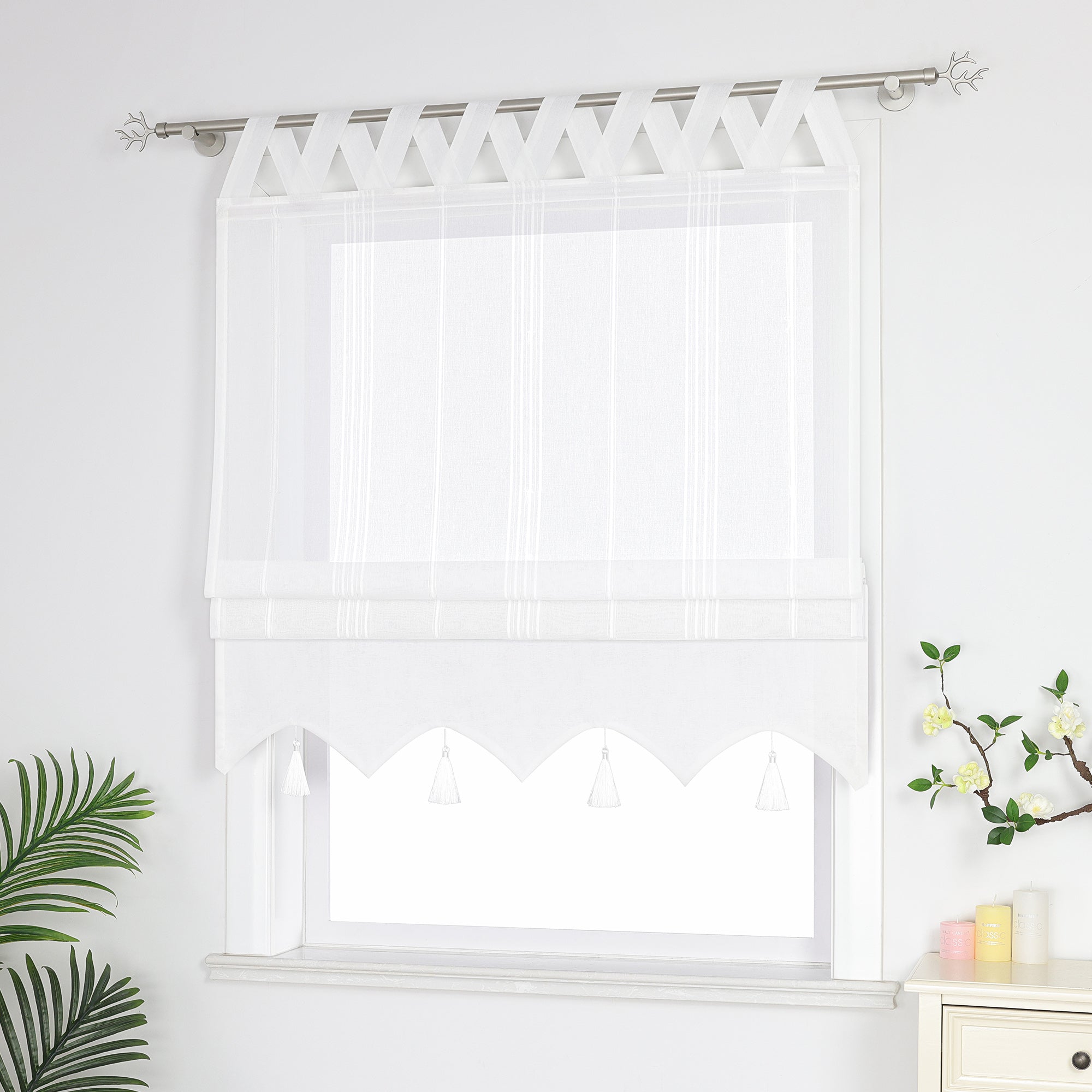 Delien Roman Shade with Tab-Top Hanging and Tassels - White, W x H 100 x 140cm