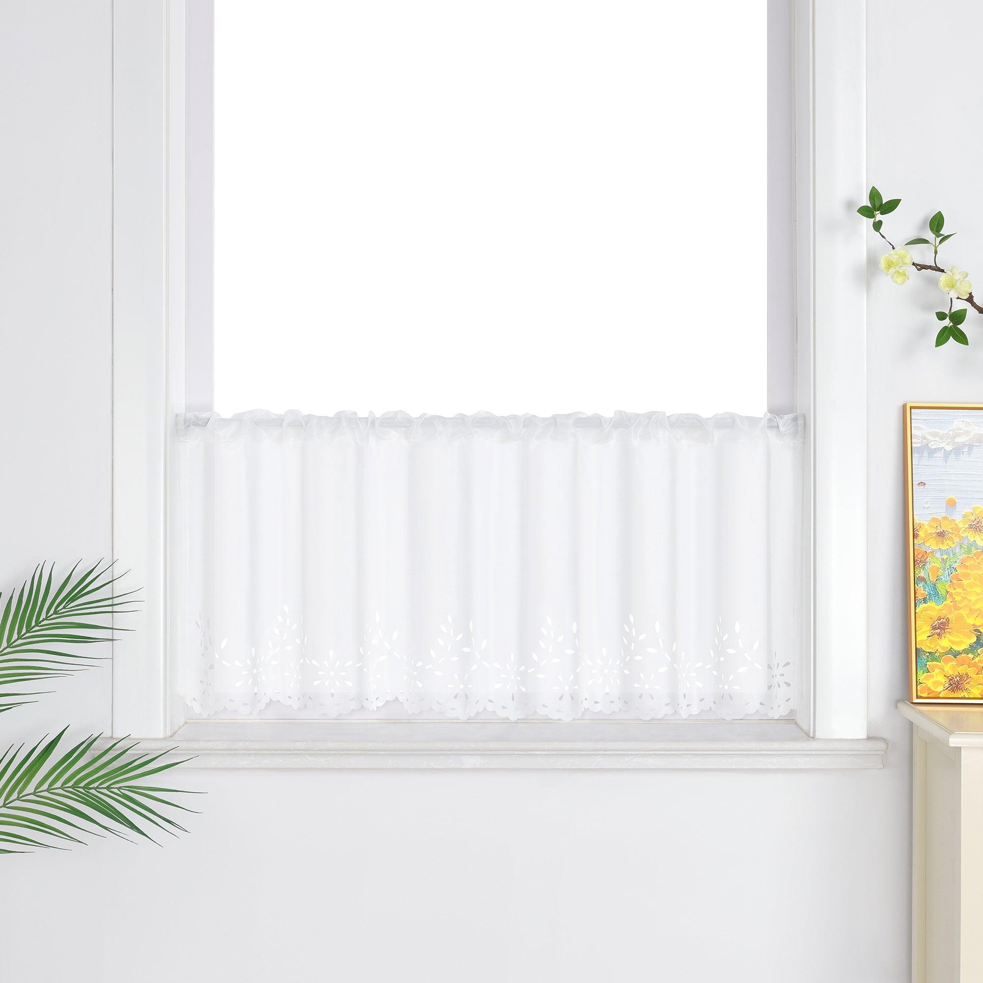 Short Voile Cafe Curtain with Openwork Pattern - White, H x W 30 x 90cm
