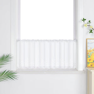 Short Voile Cafe Curtain with Openwork Pattern - White, H x W 30 x 90cm