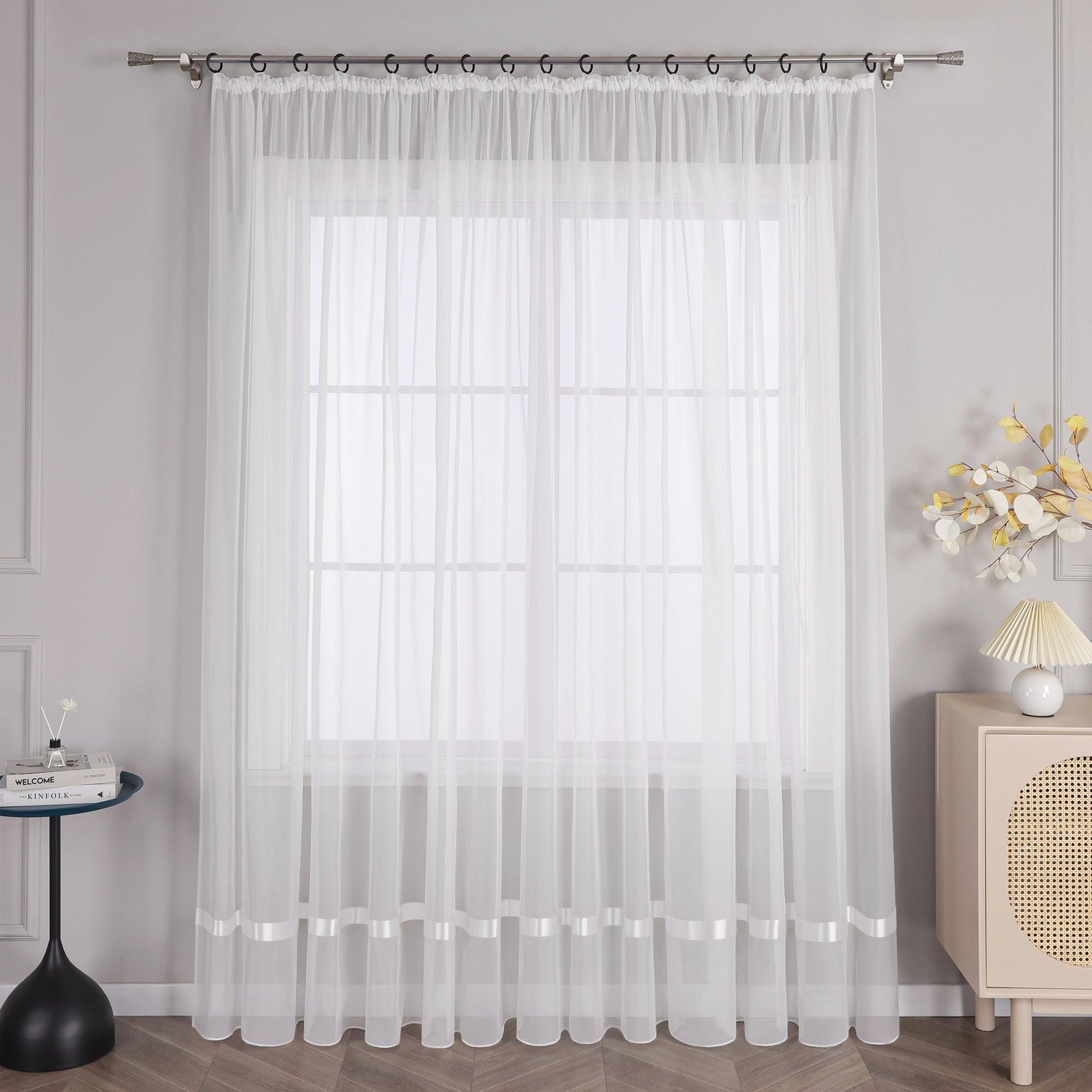 Curtain with Silk-Look Ribbon Solid Color Voile 1 Piece - White, Curtain-Tape Panel