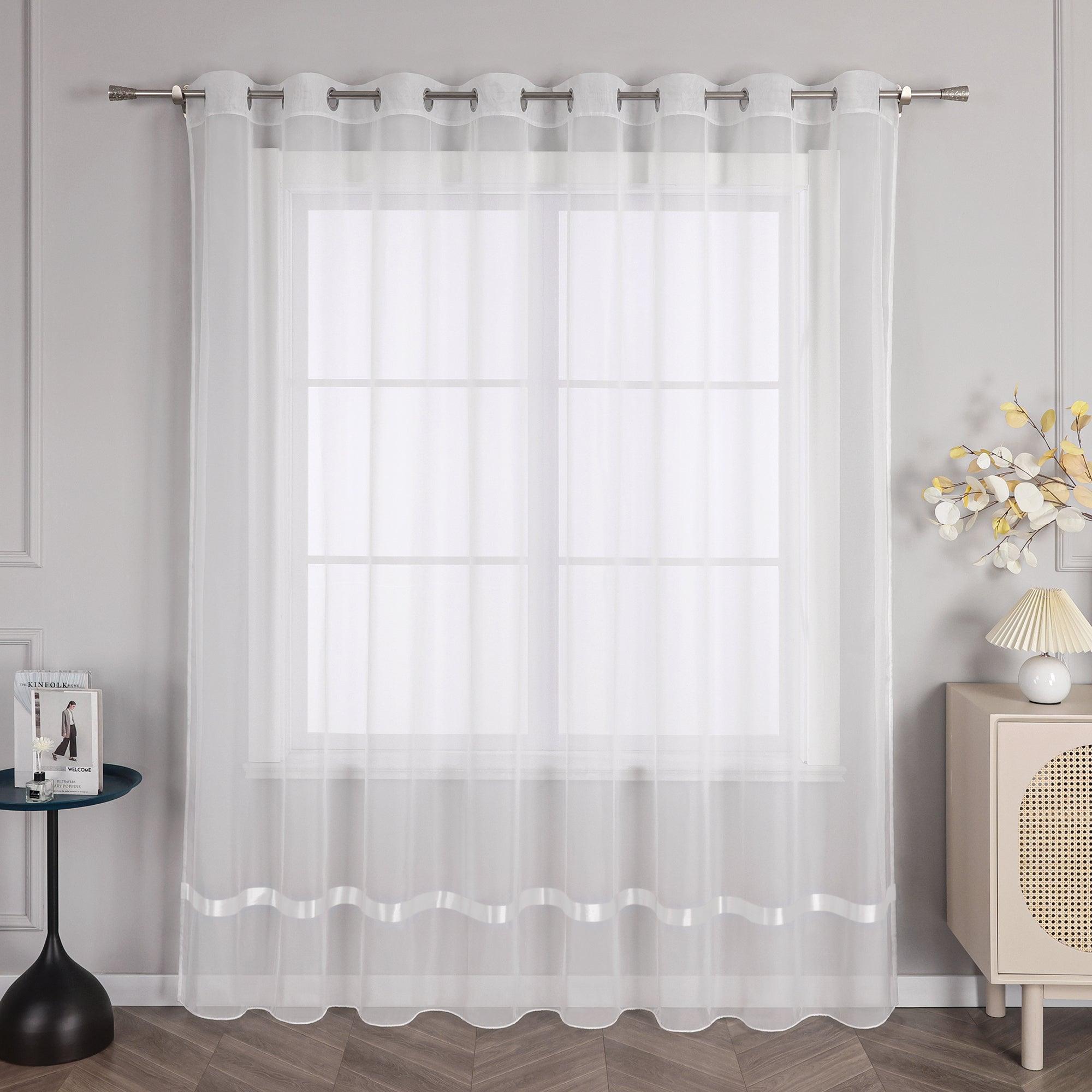 Curtain with Silk-Look Ribbon Solid Color Voile 1 Piece - White, Curtain-Tape Panel