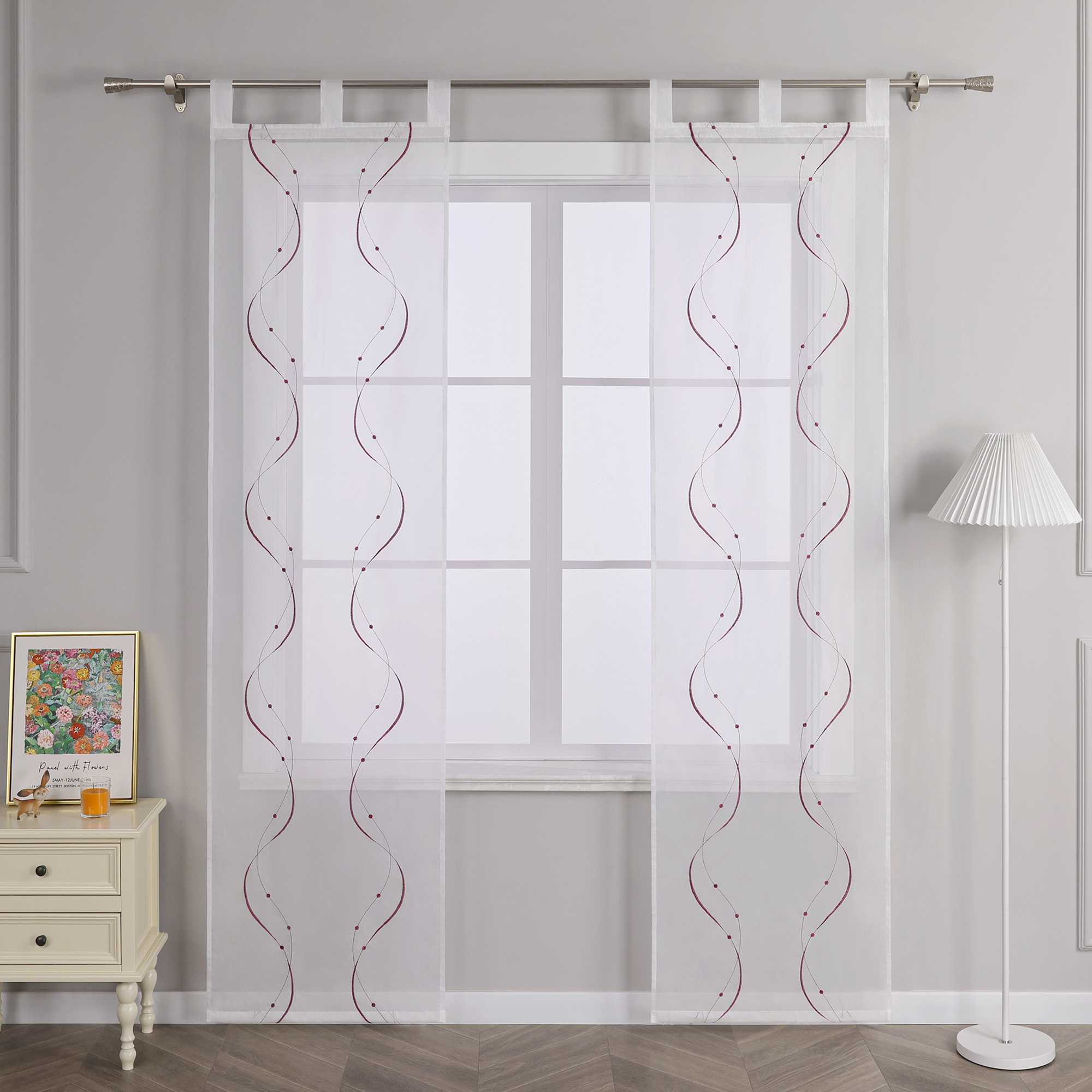 Sliding Panel Curtains with Tab-Top Hanging Set of 2 with Wave-and-Bead Pattern Embroidery