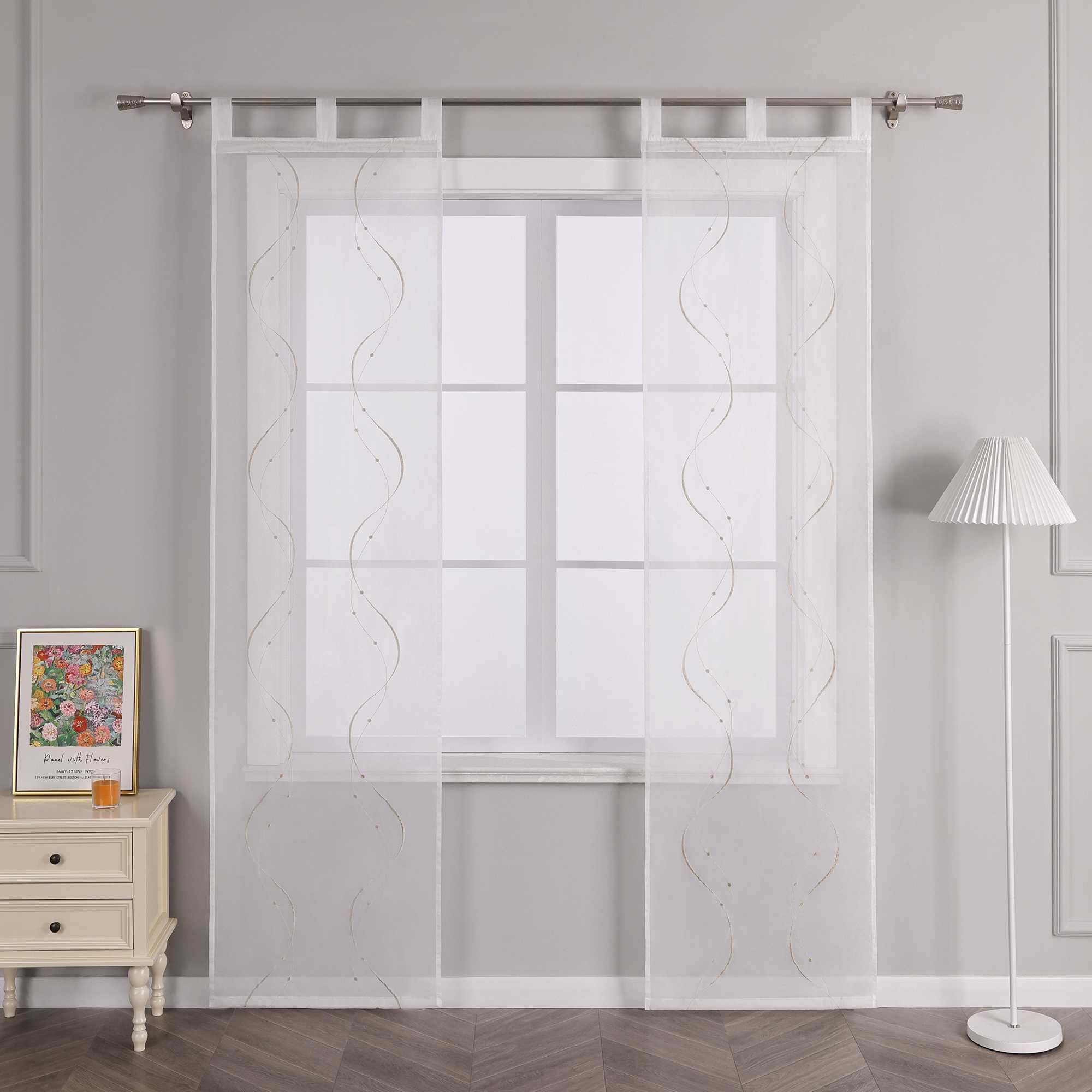 Sliding Panel Curtains with Tab-Top Hanging Set of 2 with Wave-and-Bead Pattern Embroidery