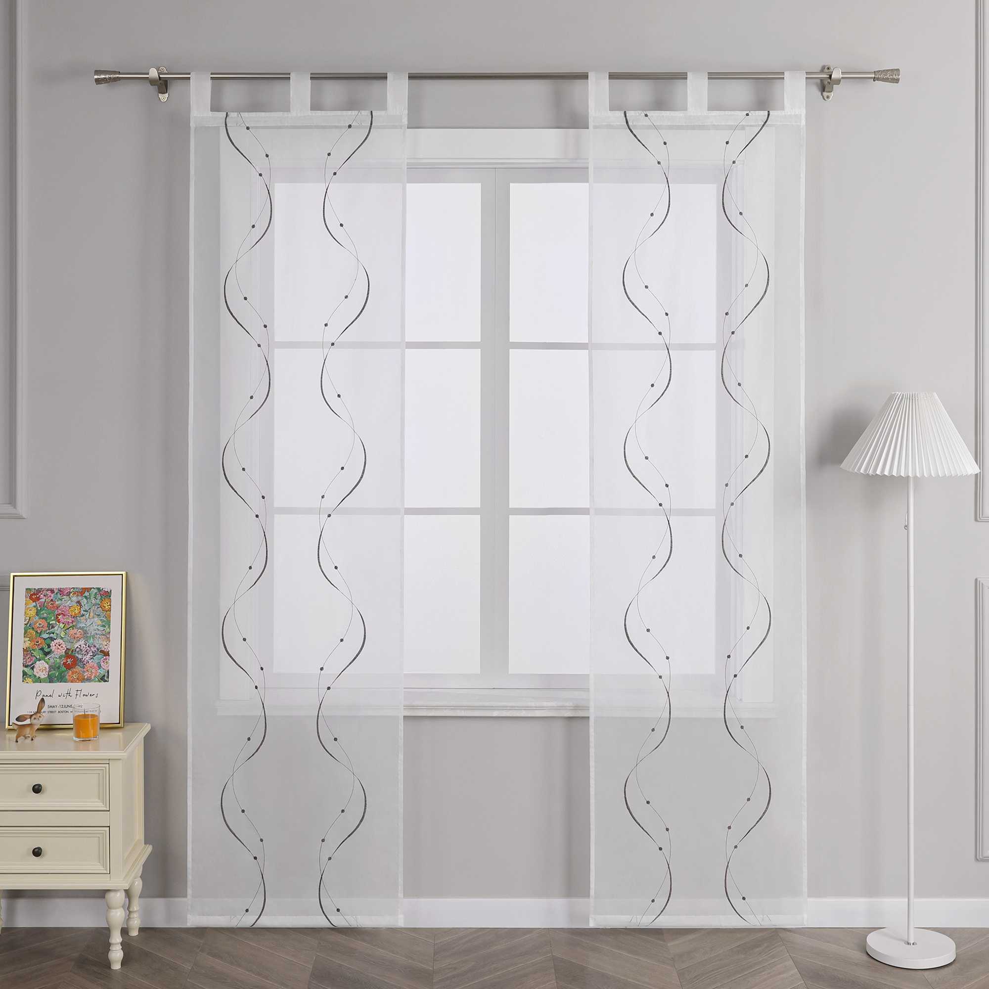 Sliding Panel Curtains with Tab-Top Hanging Set of 2 with Wave-and-Bead Pattern Embroidery - White, H x W 245 x 57cm