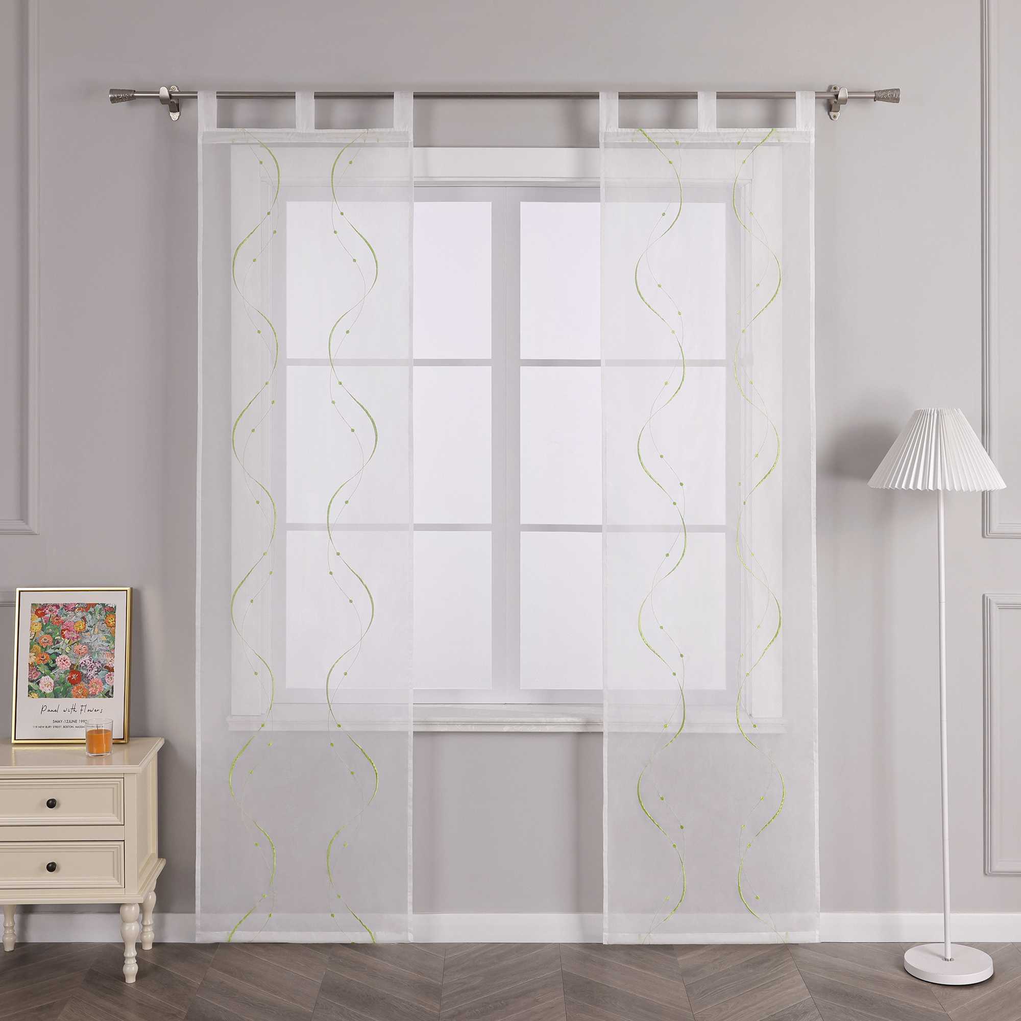 Sliding Panel Curtains with Tab-Top Hanging Set of 2 with Wave-and-Bead Pattern Embroidery