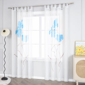 Curtain with Floral Pattern with Tab-Top Hanging 1 Piece - Blue, W x H 150 x 225cm