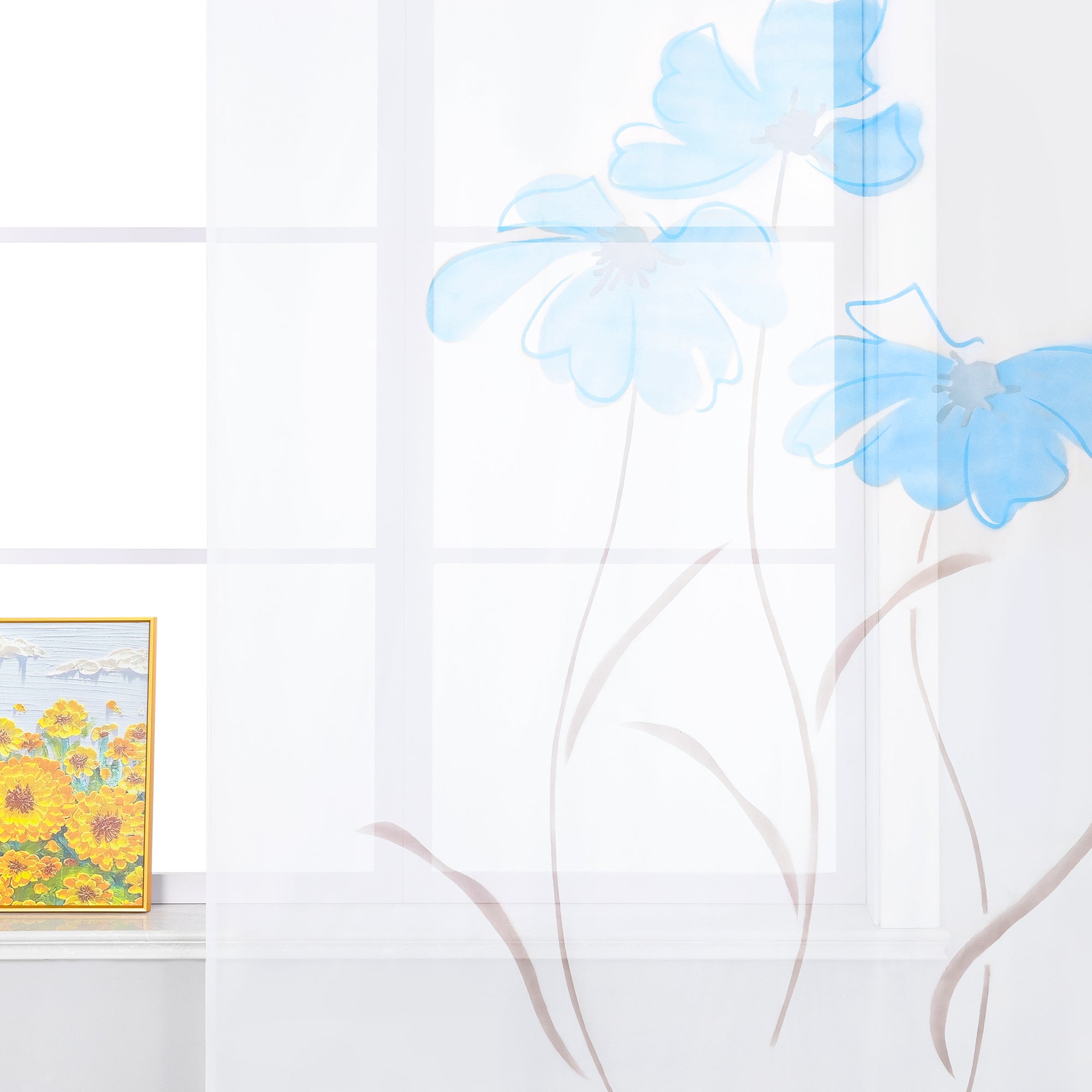 Curtain with Floral Pattern with Tab-Top Hanging 1 Piece - Blue, W x H 150 x 245cm