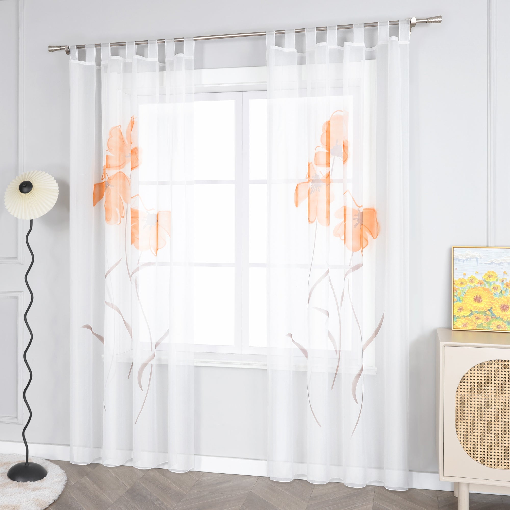 Curtain with Floral Pattern with Tab-Top Hanging 1 Piece - Orange, W x H 150 x 225cm