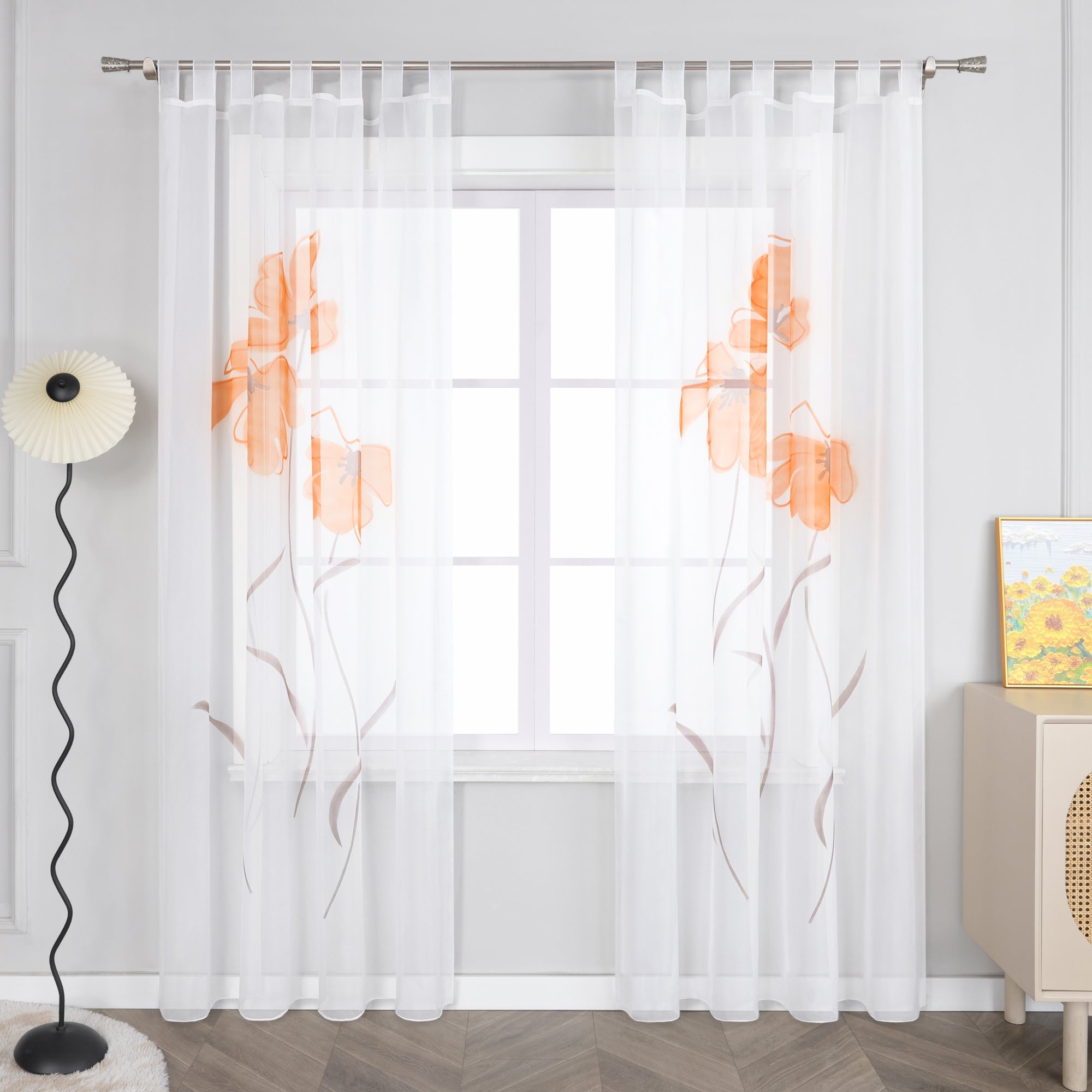 Curtain with Floral Pattern with Tab-Top Hanging 1 Piece - Orange, W x H 150 x 175cm
