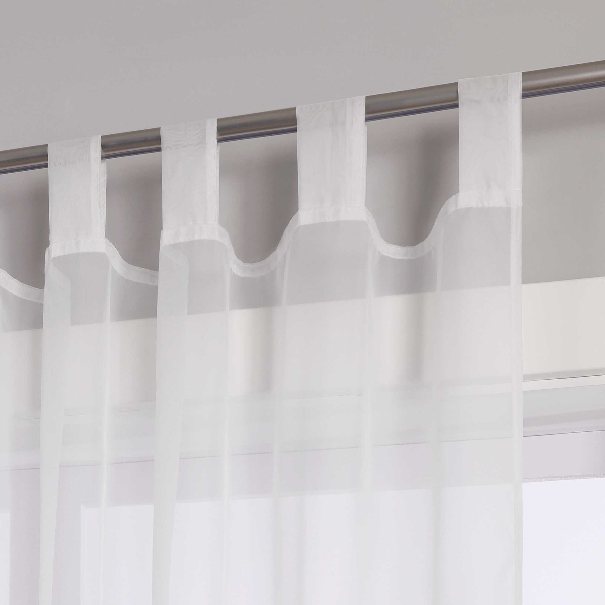 Curtain with Silk-Look Ribbon Solid Color Voile 1 Piece - White, Curtain-Tape Panel