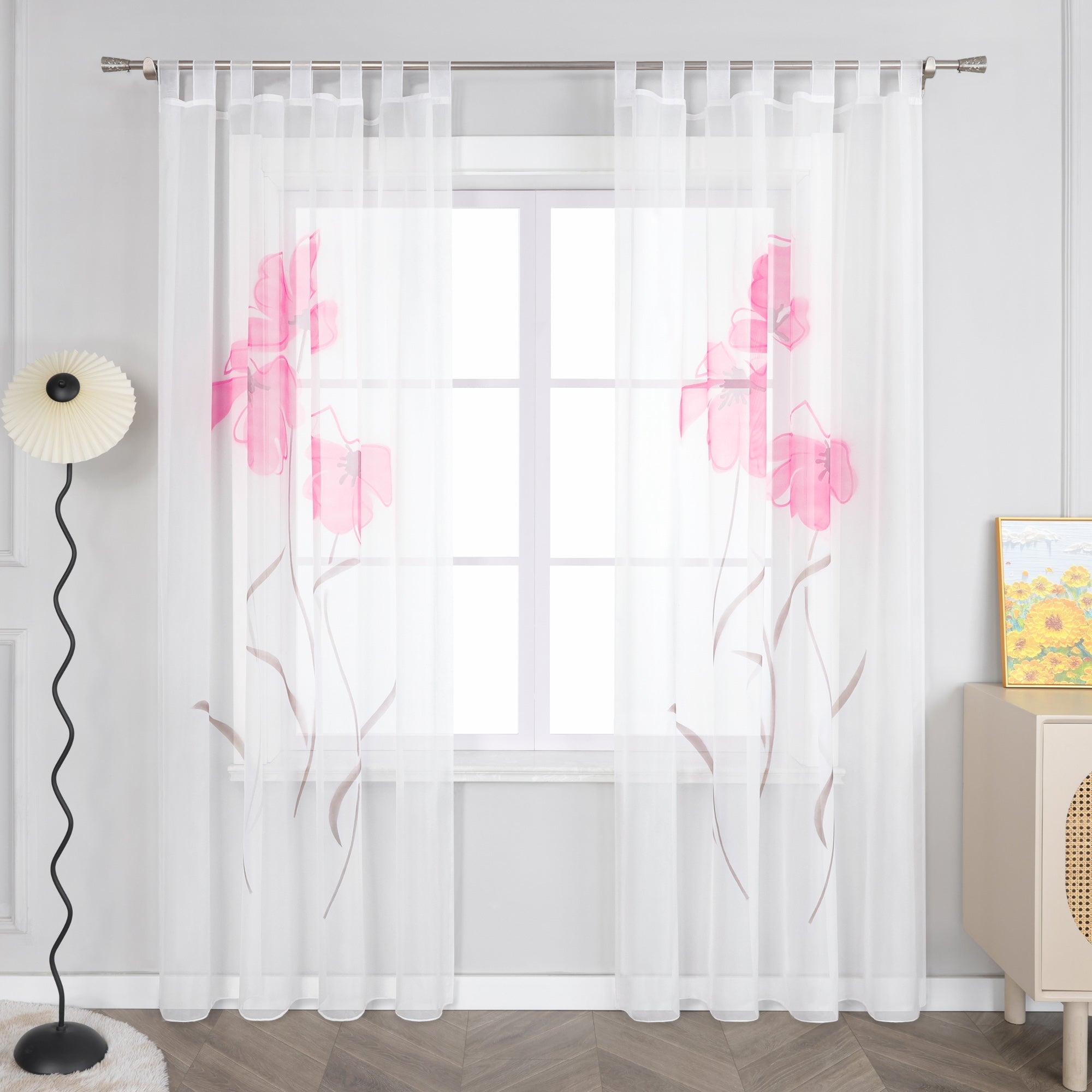 Curtain with Floral Pattern with Tab-Top Hanging 1 Piece - Pink, W x H 150 x 145cm