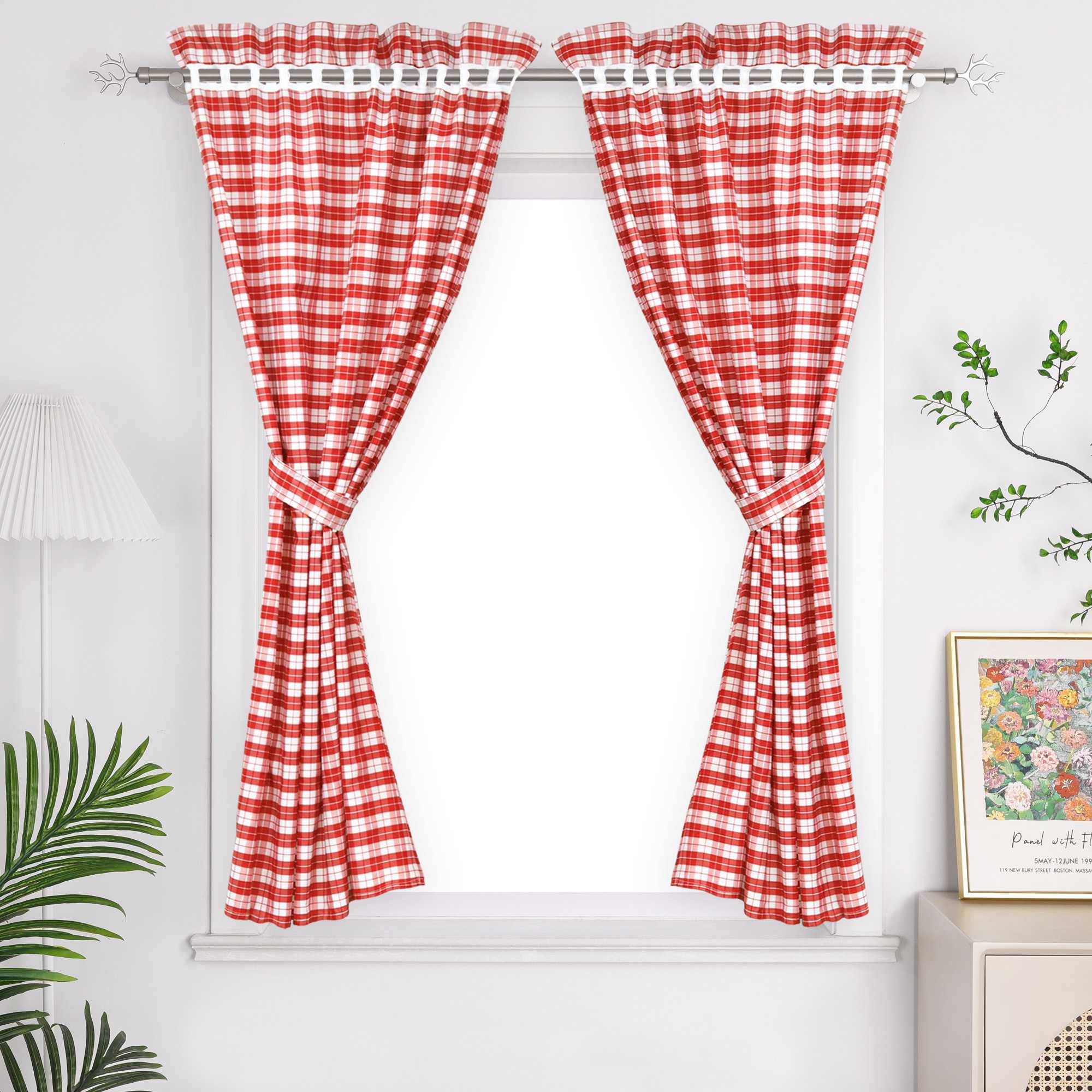 Cafe Curtains in Country Style with Check Pattern Set of 2 - Red, W x H 80 x 120cm