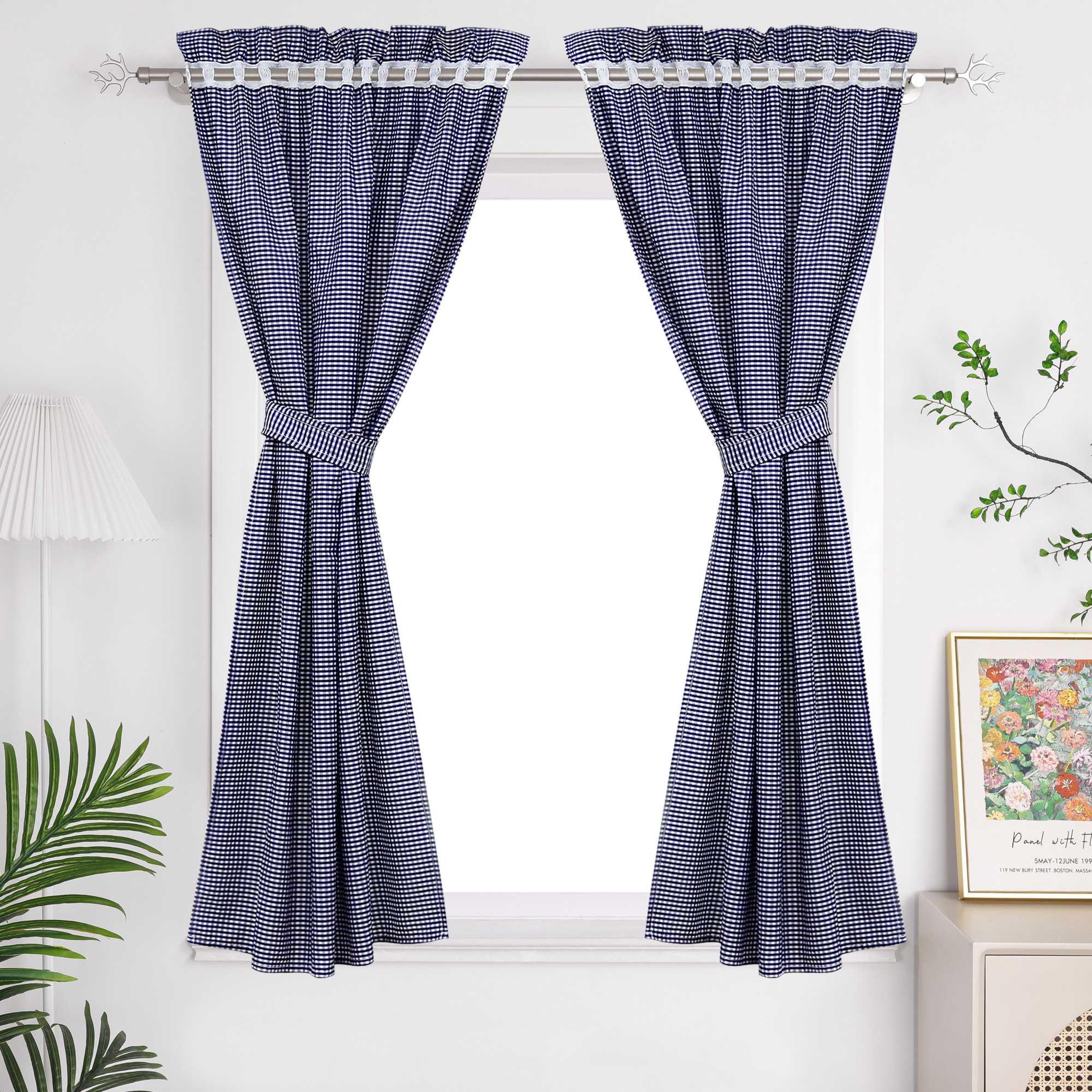 Cafe Curtains in Country Style with Check Pattern Set of 2 - Blue, W x H 100 x 125cm