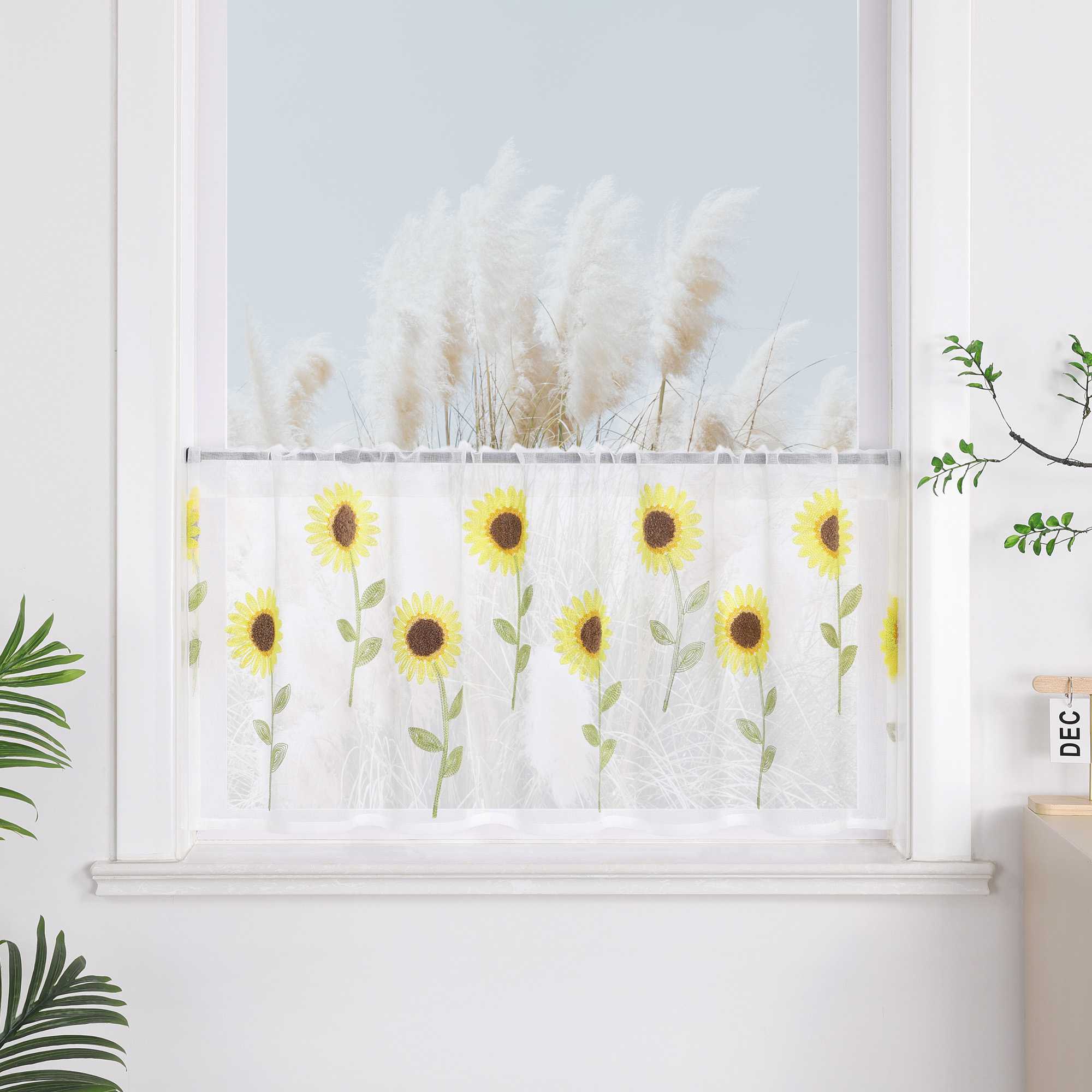 Cafe Curtain with Rod Pocket with Sunflower Embroidery - White, H x W 30 x 90cm