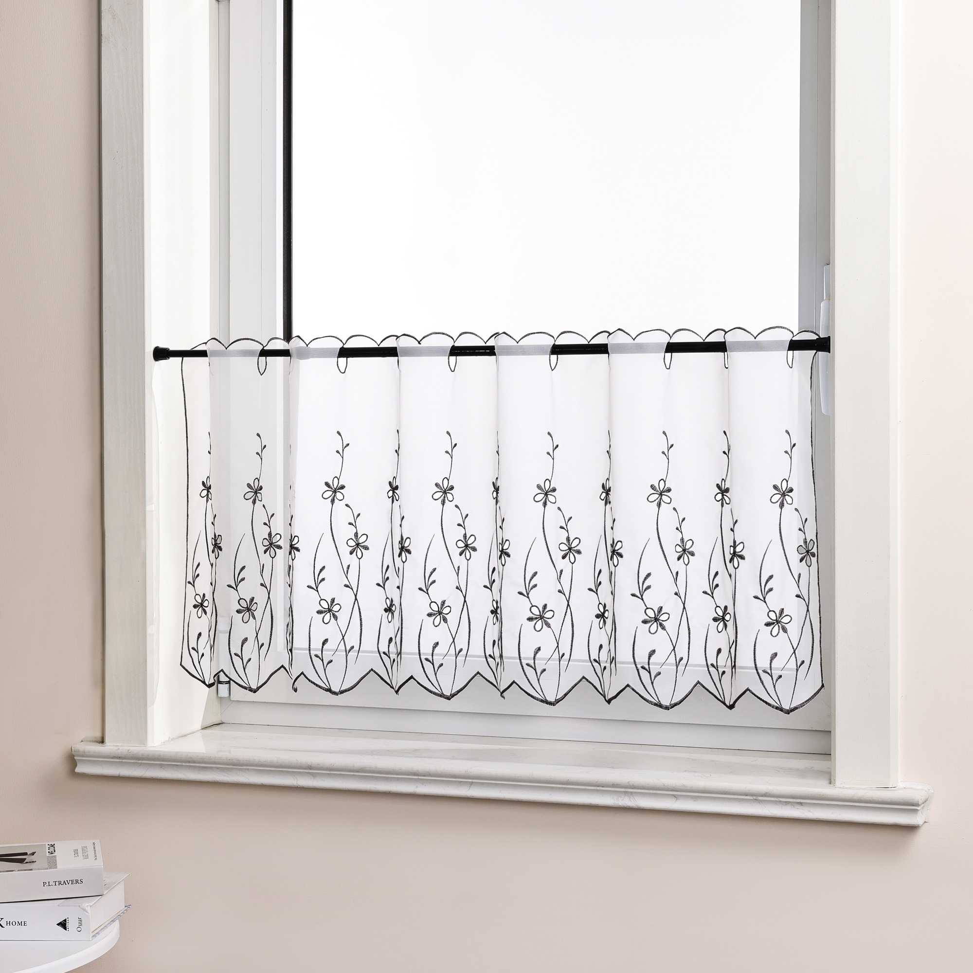 Cafe Curtain Country Style with Floral Pattern - White, W x H 120 x 30cm