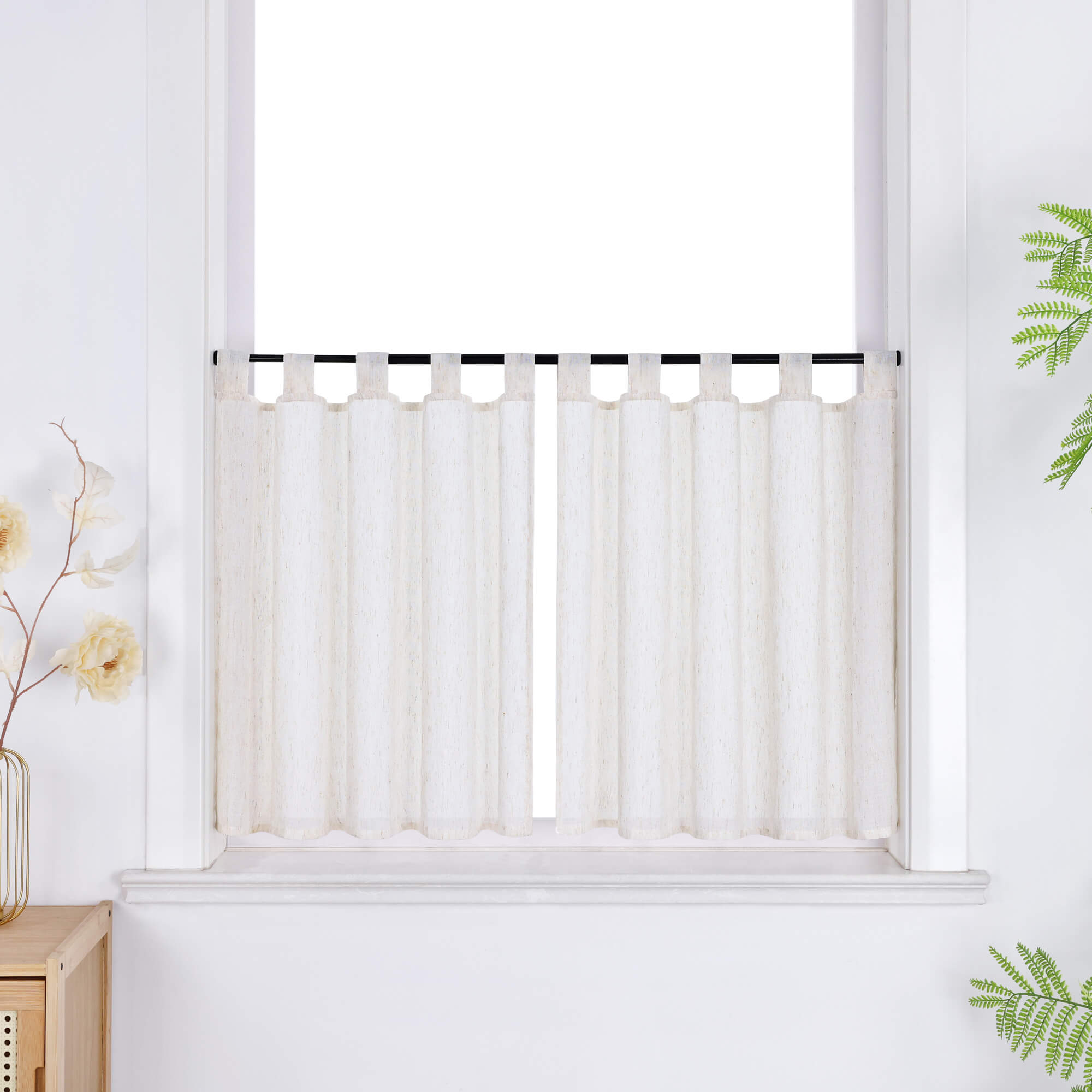 Cafe Curtains Semi-Sheer with Fine Slub-Yarn Texture Set of 2 - Natural, tab tops