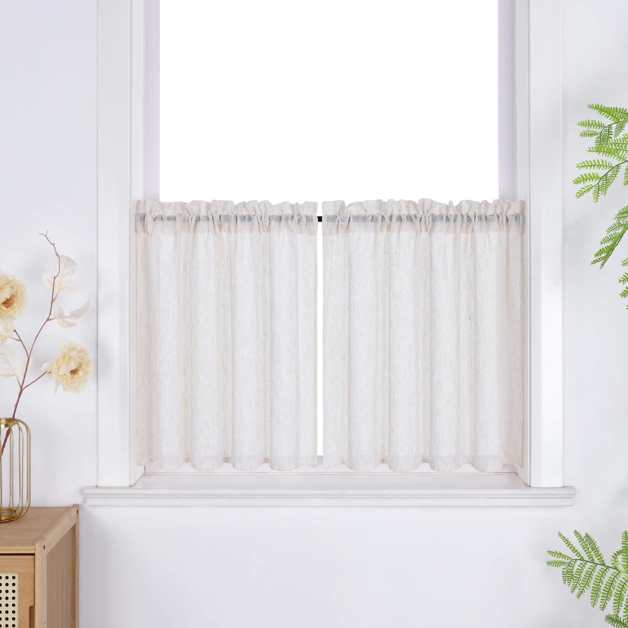 Cafe Curtains Semi-Sheer with Fine Slub-Yarn Texture Set of 2 - Natural, rod pocket with decorative header